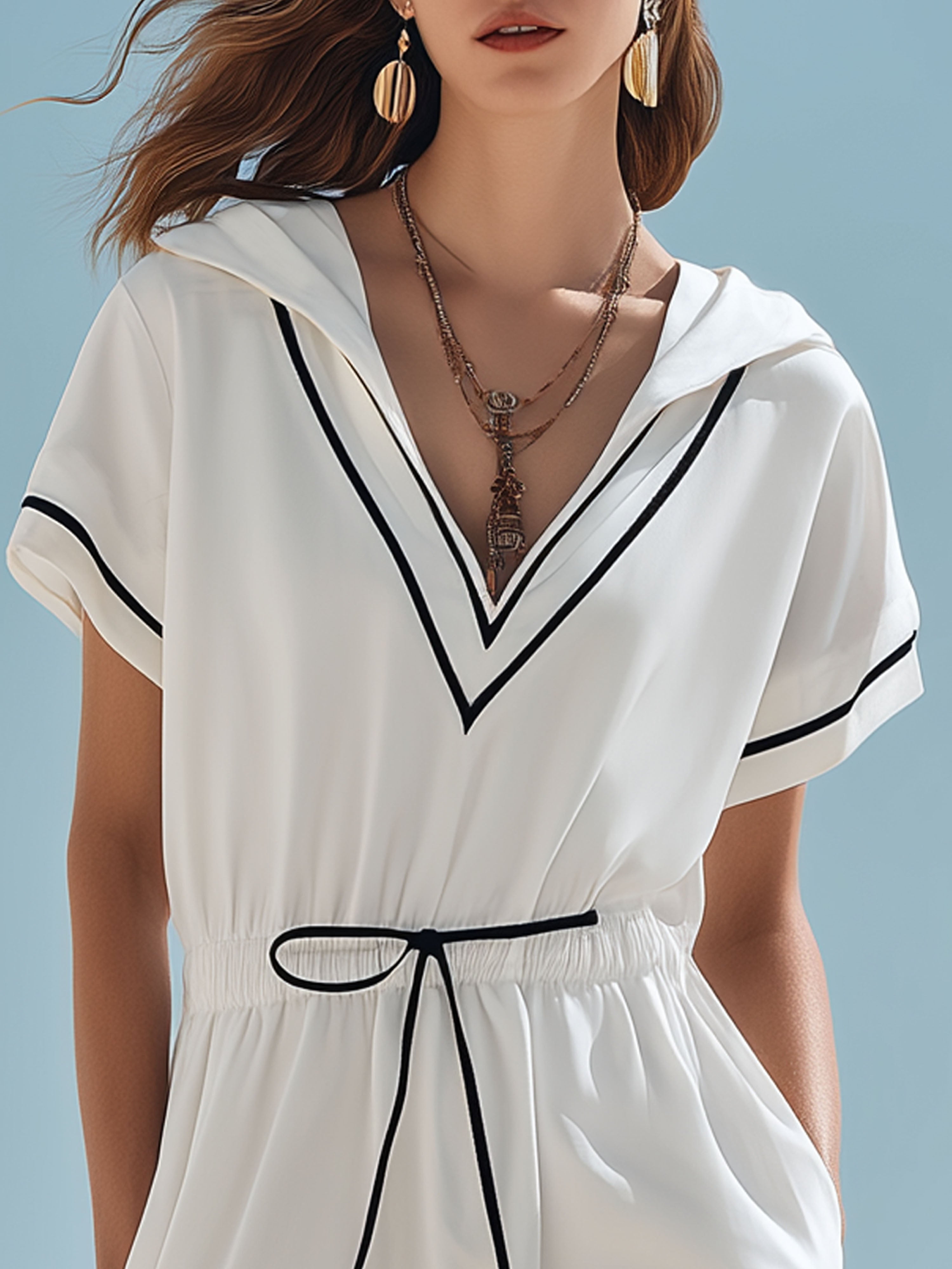 Vacation Casual White Cotton Hooded With Black Piping Midi Dress