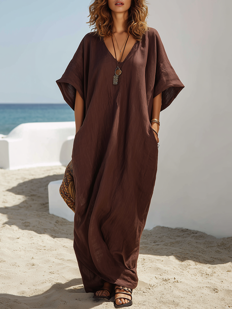 Resort-style Brown V-neck Short-sleeved Loose Maxi Dress