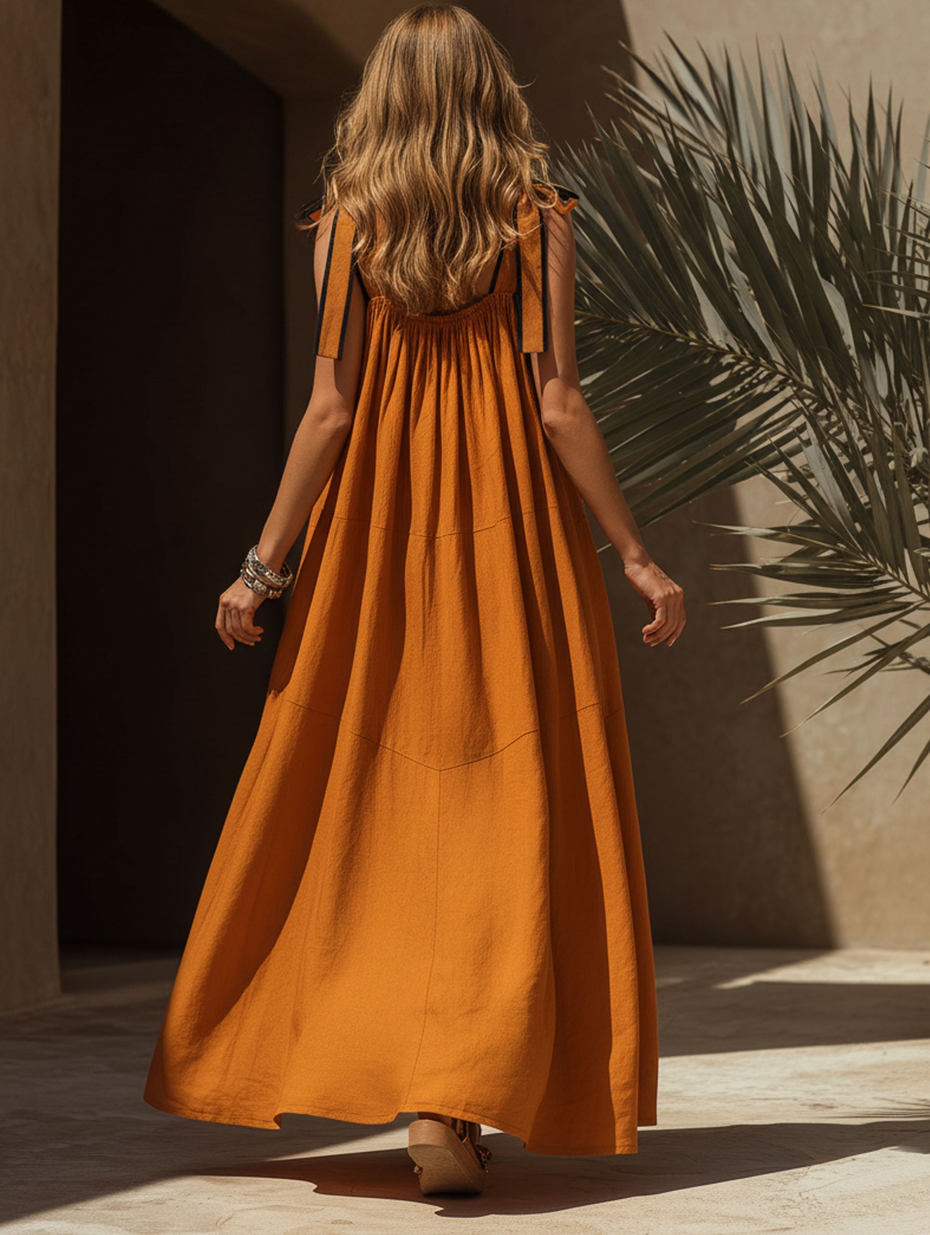 Elegant Orange Cotton Linen Bow Tie Maxi Dress