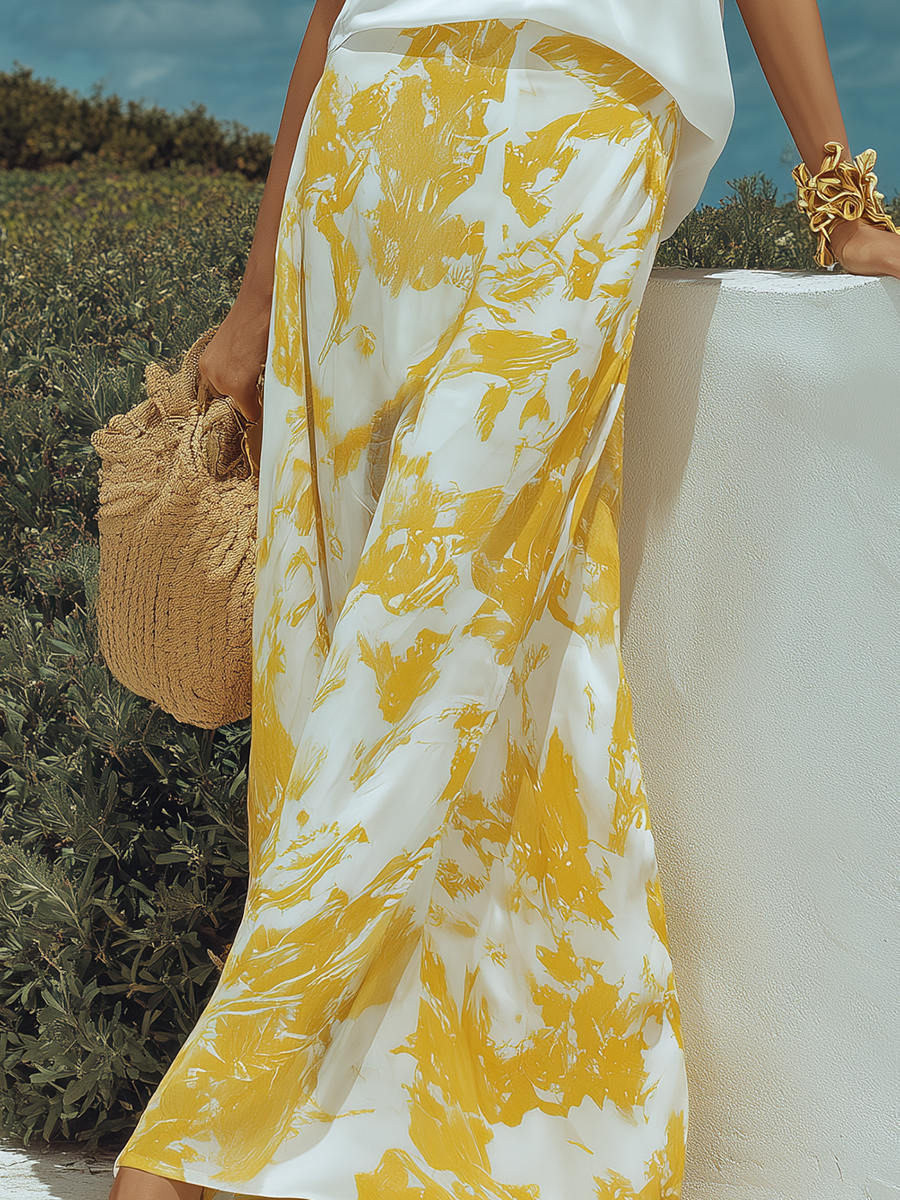 Resort-style White Sleeveless Top And Yellow Printed Skirt Set