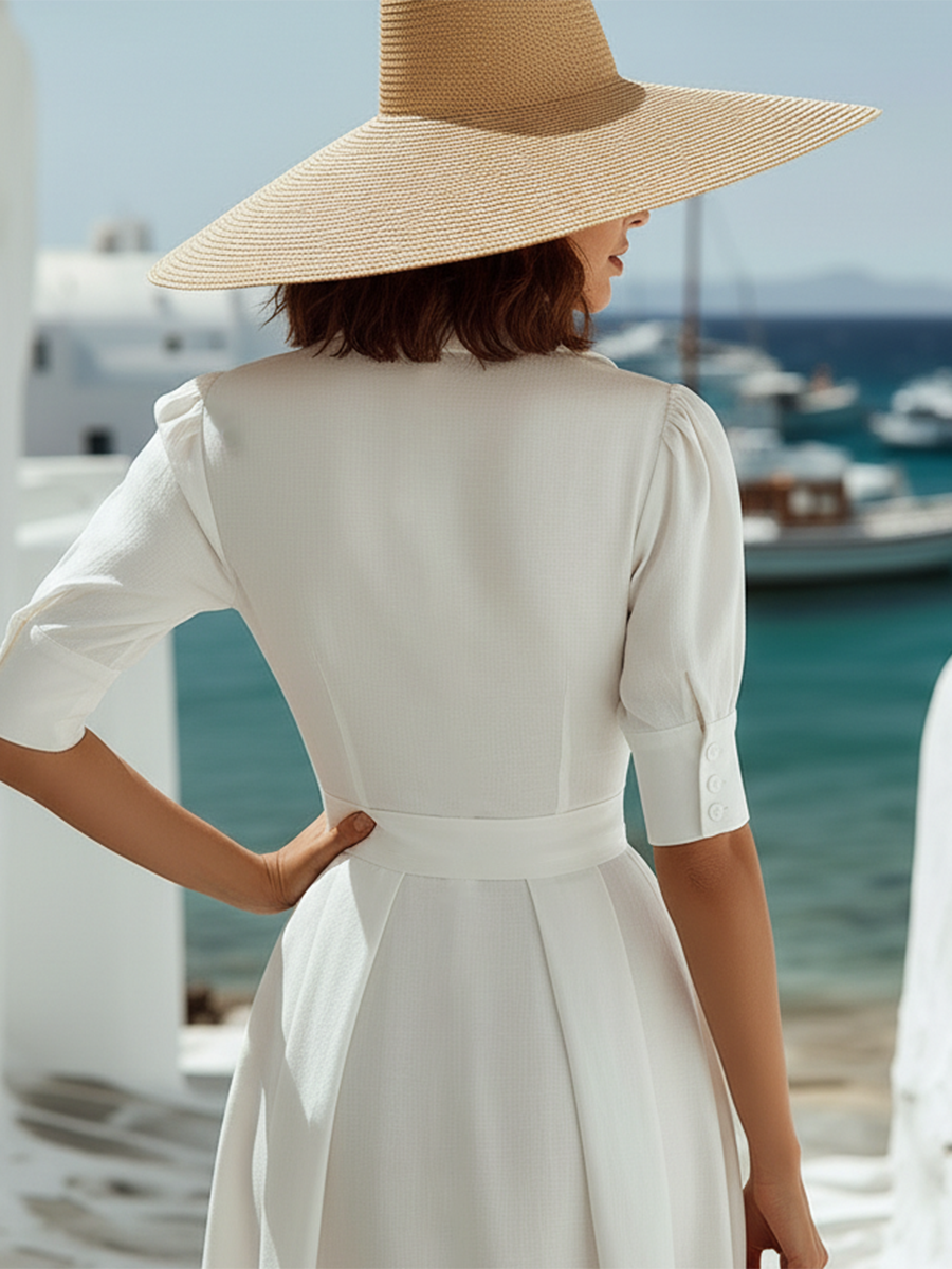 Elegant Vacation Short-sleeved A-line White Cotton And Linen Maxi Dress