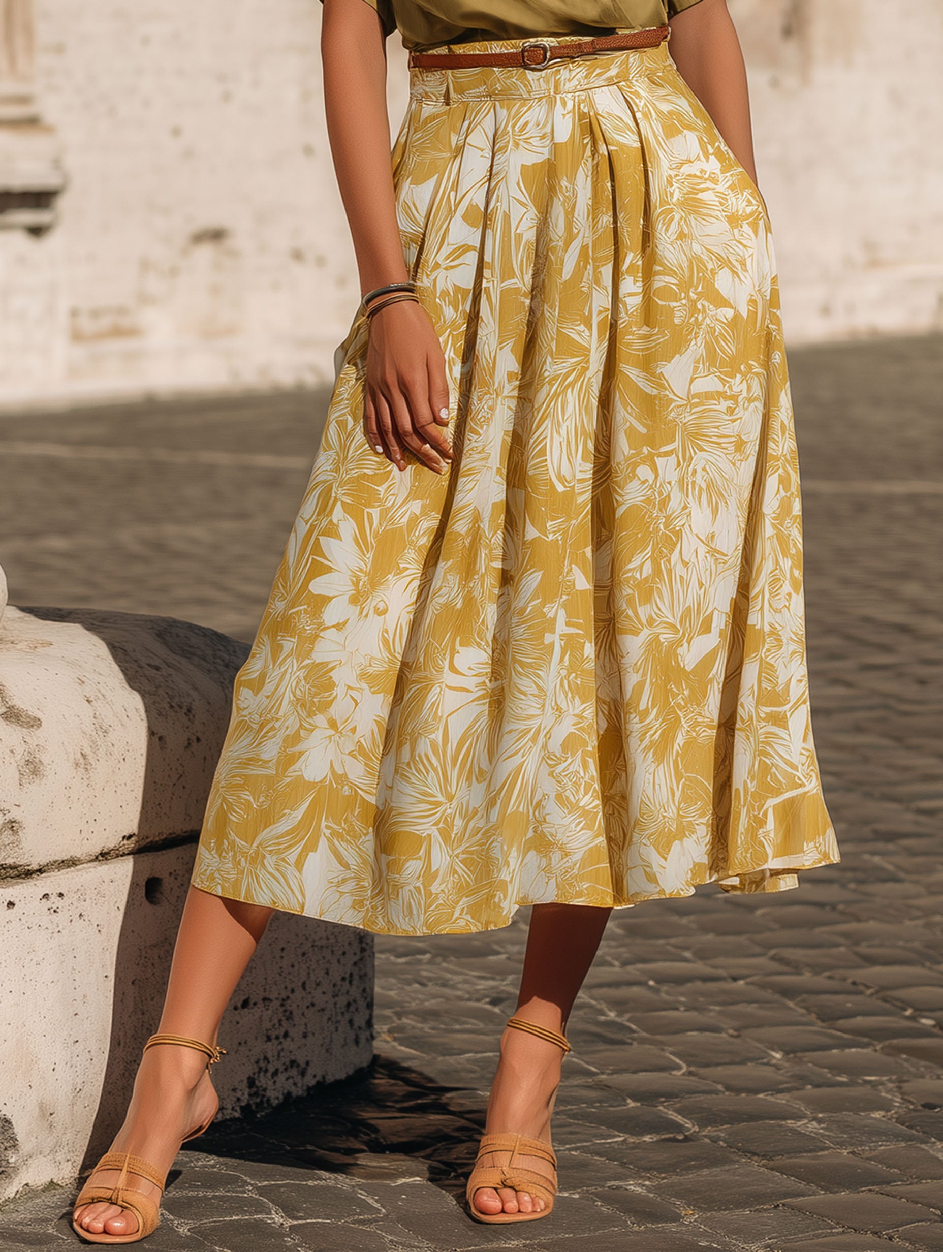 Resort-Style French Satin Green Top And Printed Skirt Set