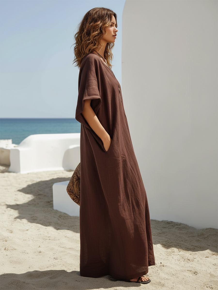 Resort-style Brown V-neck Short-sleeved Loose Maxi Dress