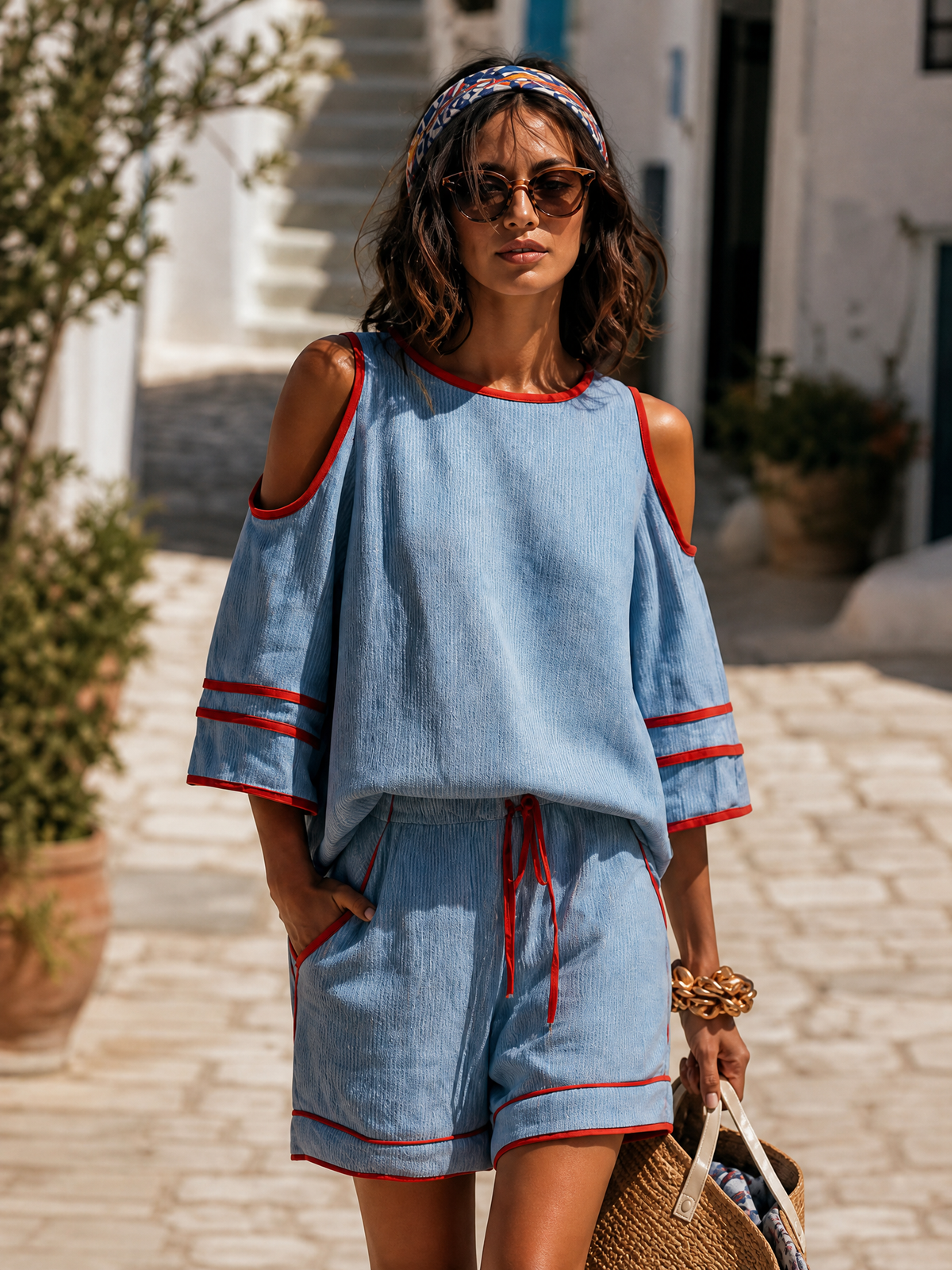 Vacation Short-sleeve Red-trimmed Blue Striped Cotton-linen Top And Shorts Set