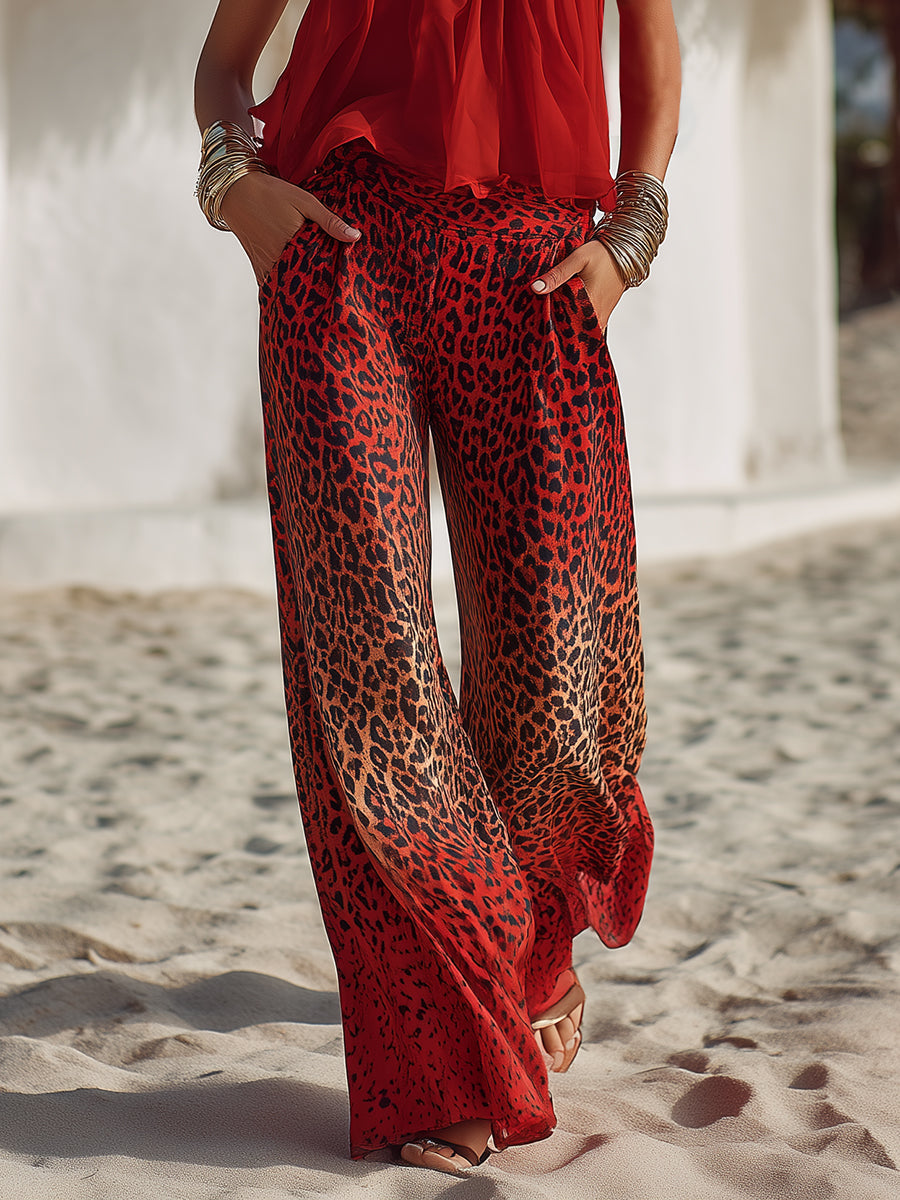 Bohemian Scarlet Chiffon Camisole Top Gradient Leopard Print Chiffon Wide-Leg Pants Set