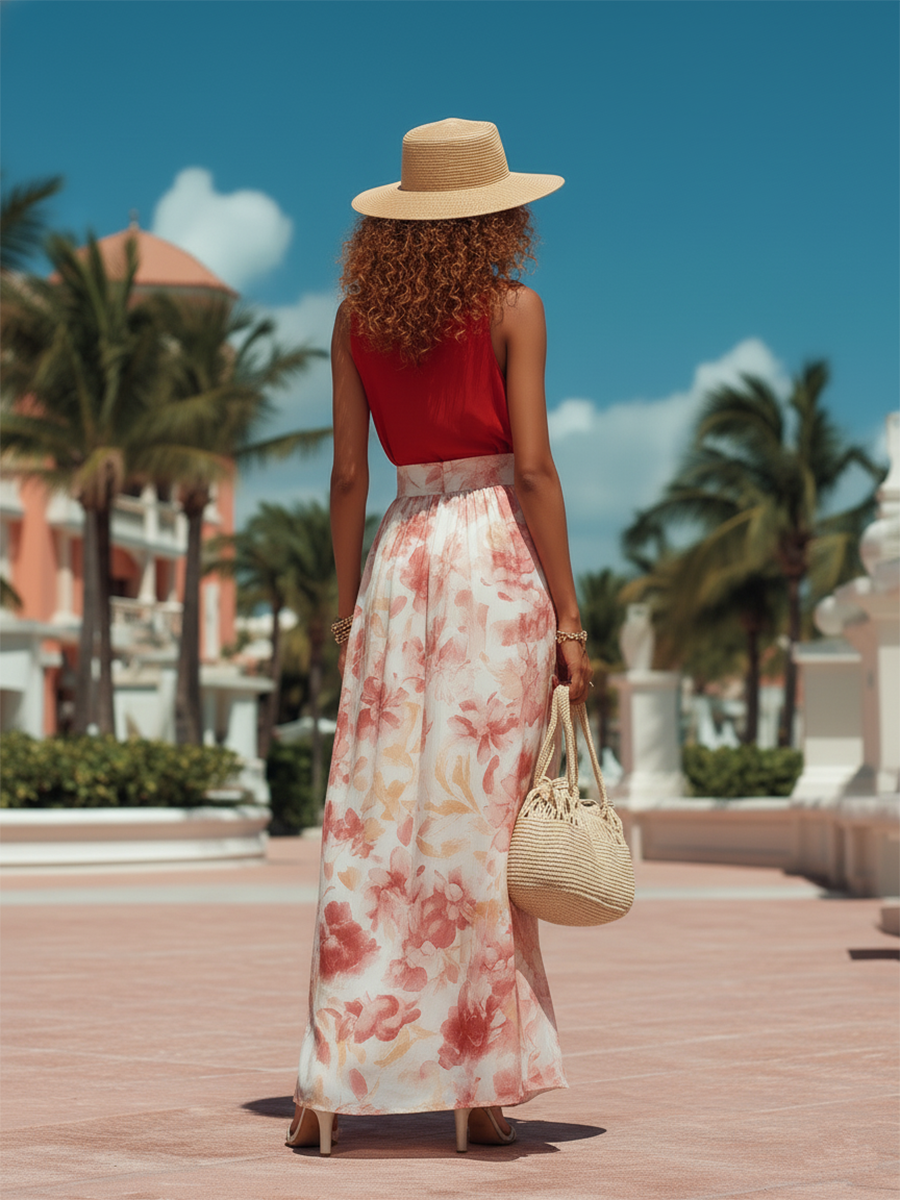 Vacation-Style Red Sleeveless Top And Printed Skirt Set