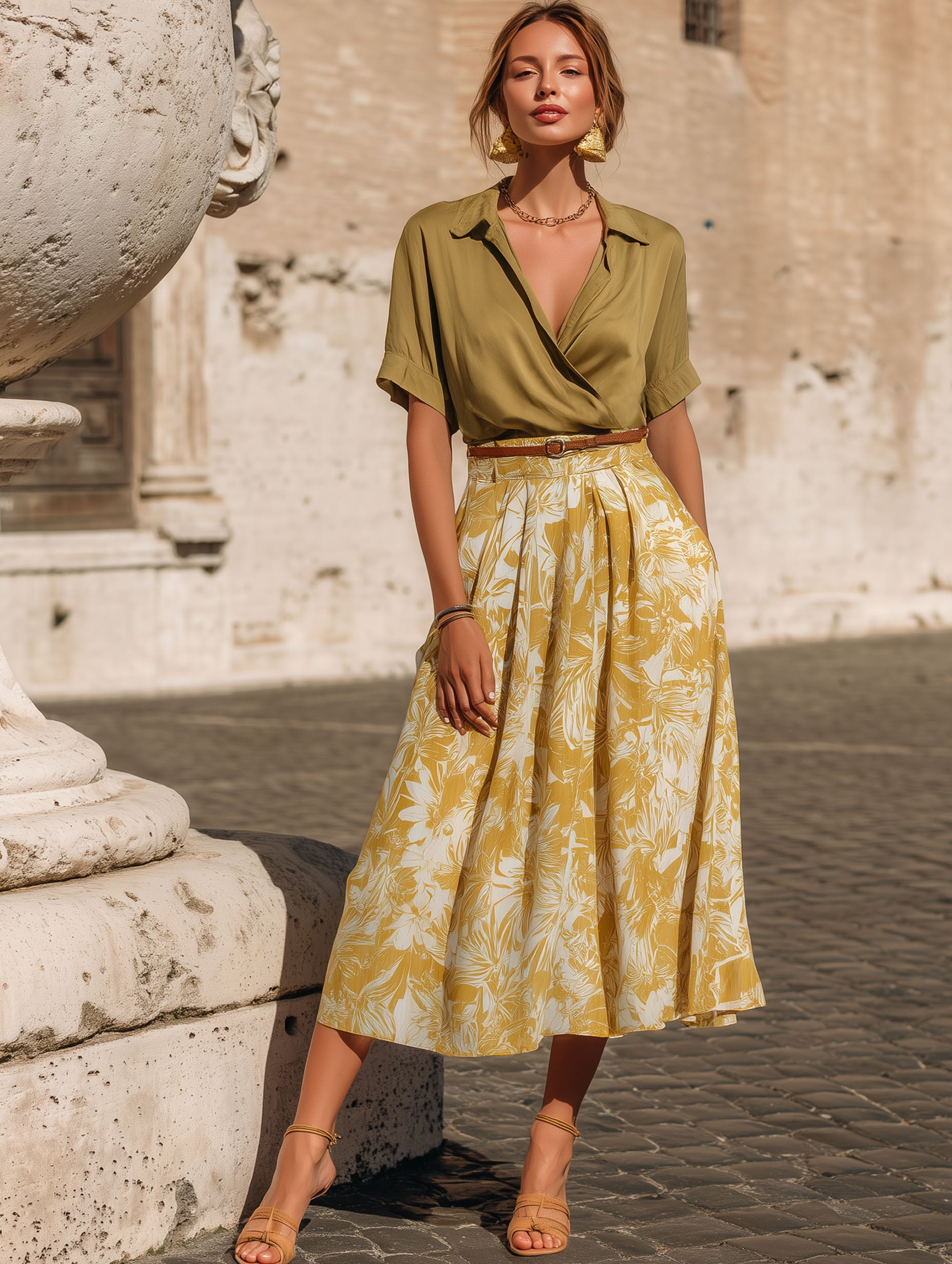 Resort-Style French Satin Green Top And Printed Skirt Set