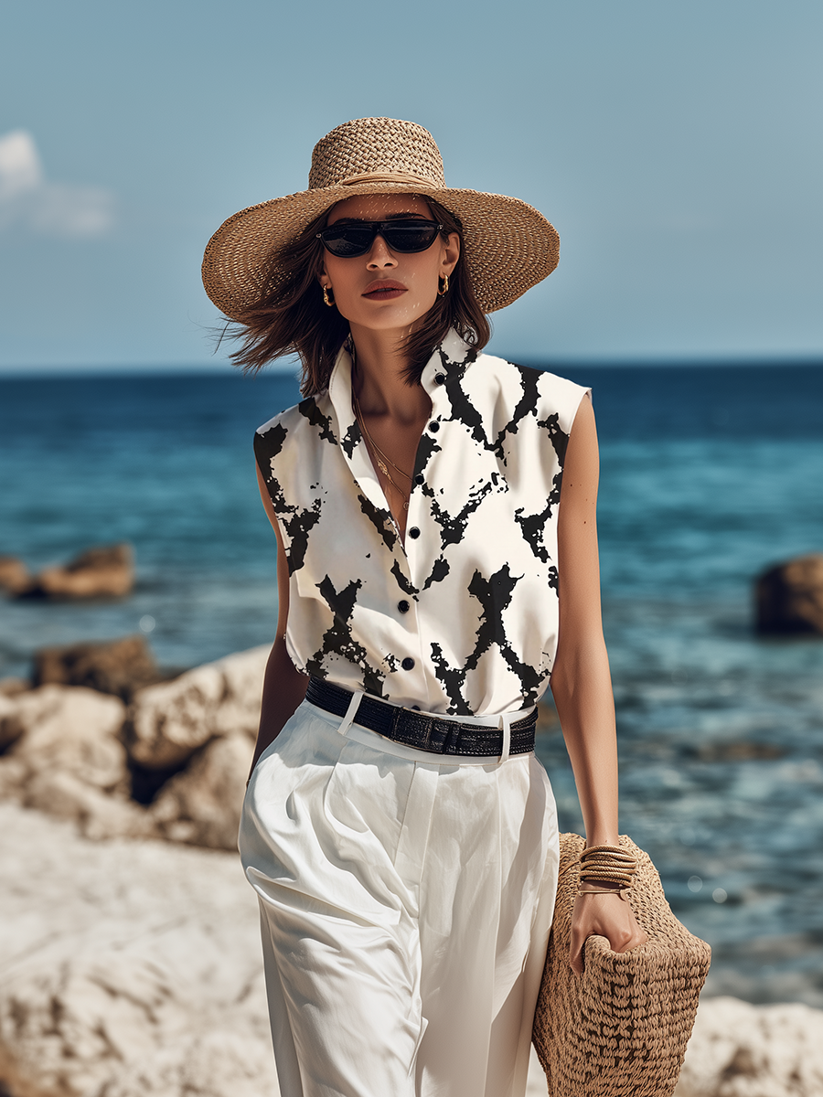 Chic Vacation Sleeveless Geometric-Print Satin Shirt