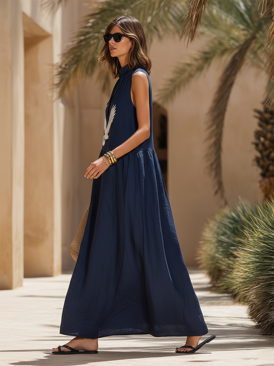 Lazy Crane Embroidered Chinese-style Button-up Dark Blue Sleeveless Maxi Dress