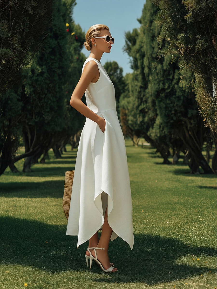 Light Luxury Resort  Asymmetrical Hem Sleeveless White Cotton-Linen Maxi Dress