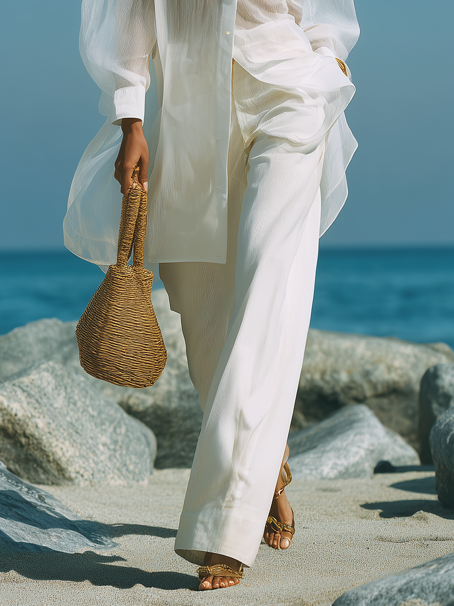 Chic Vacation White Sheer Long-sleeved Shirt And Pants Set