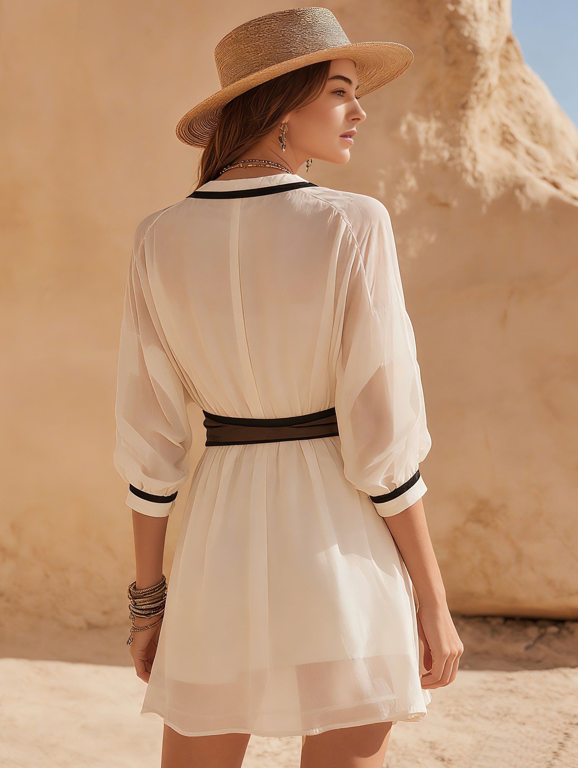 Resort-Style Sheer Chiffon Black Patchwork White Mini Dress