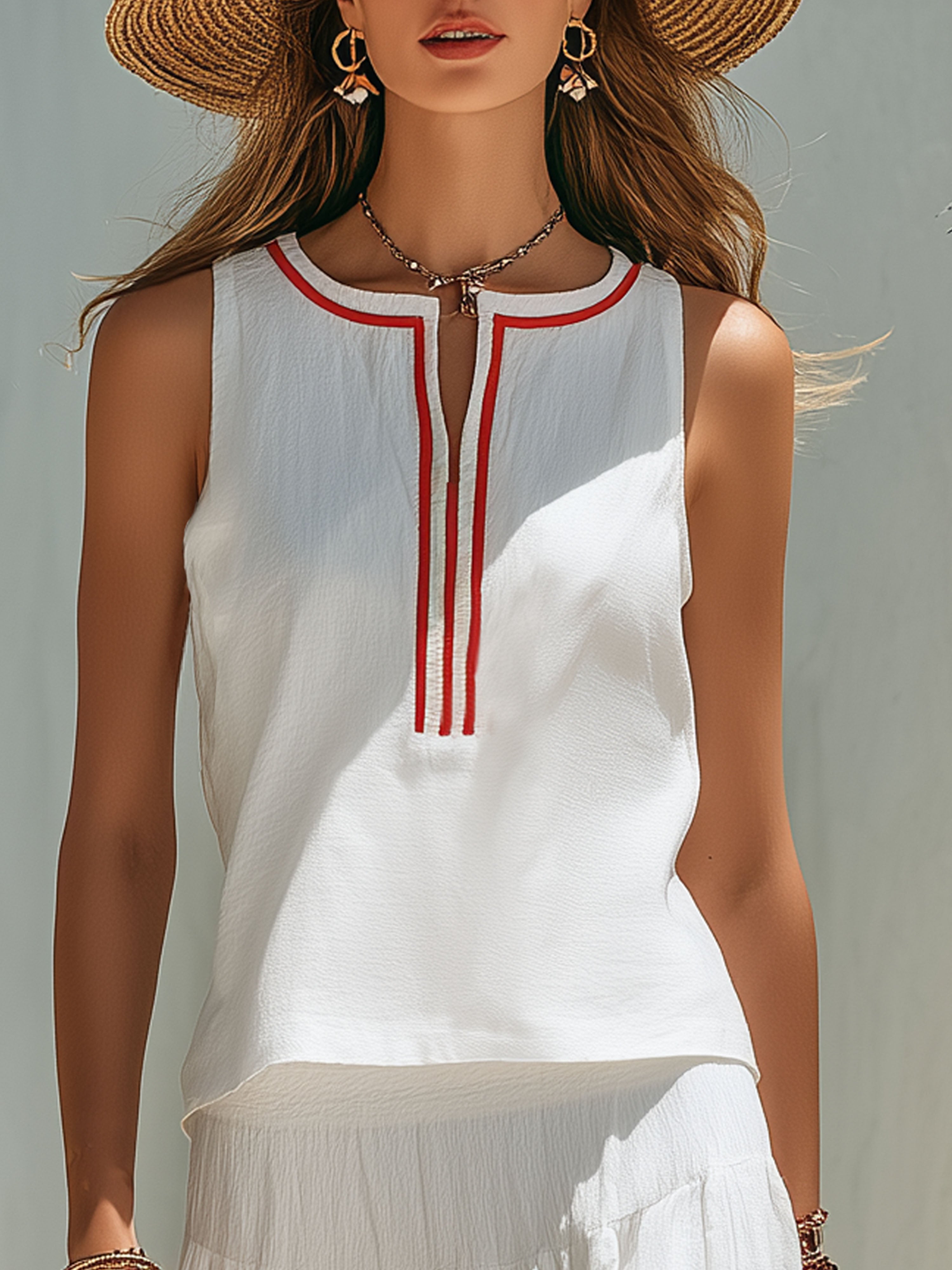 Resort-Style Cotton And Linen Red Ribbon White Sleeveless Top And Skirt Set
