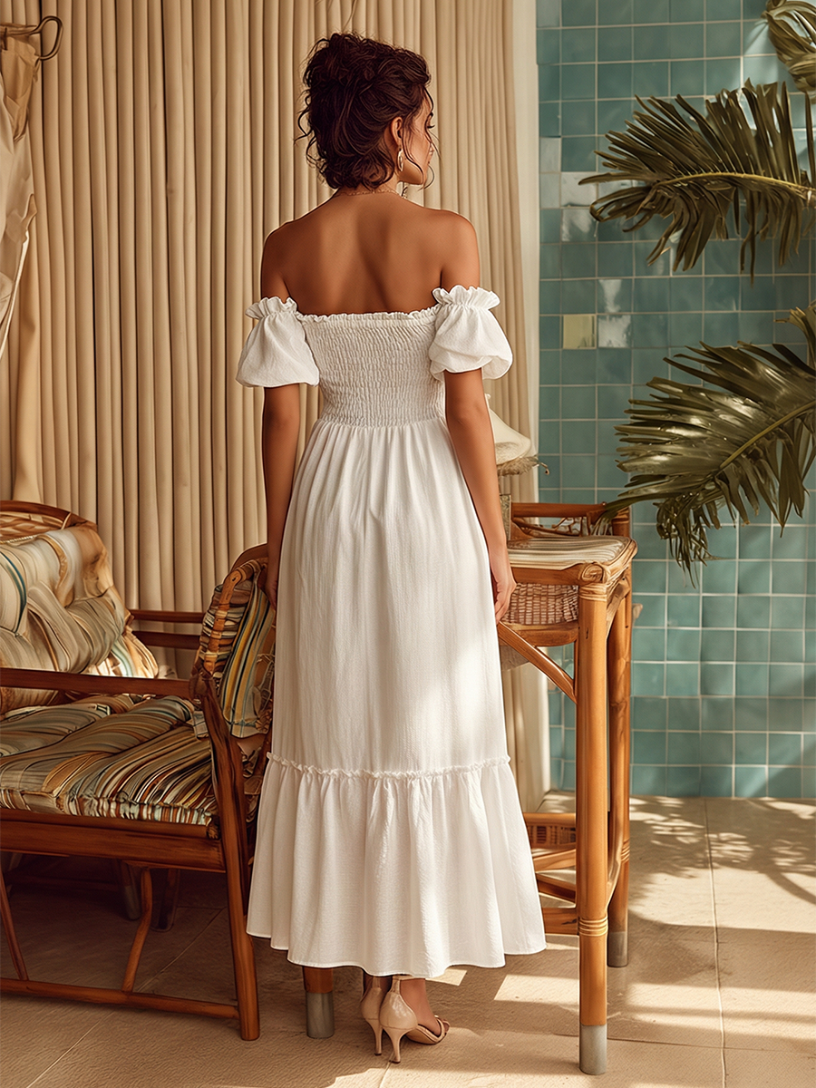 Romantic Bohemian Off-the-Shoulder Slit Off-white Linen Maxi Dress