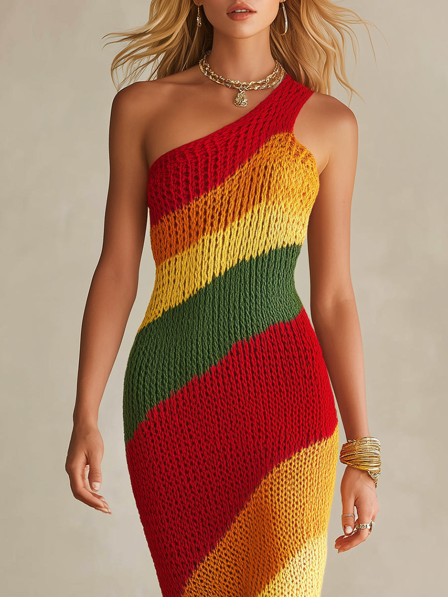Bohemian Resort Rainbow Striped Knit Off-Shoulder Sleeveless Midi Dress