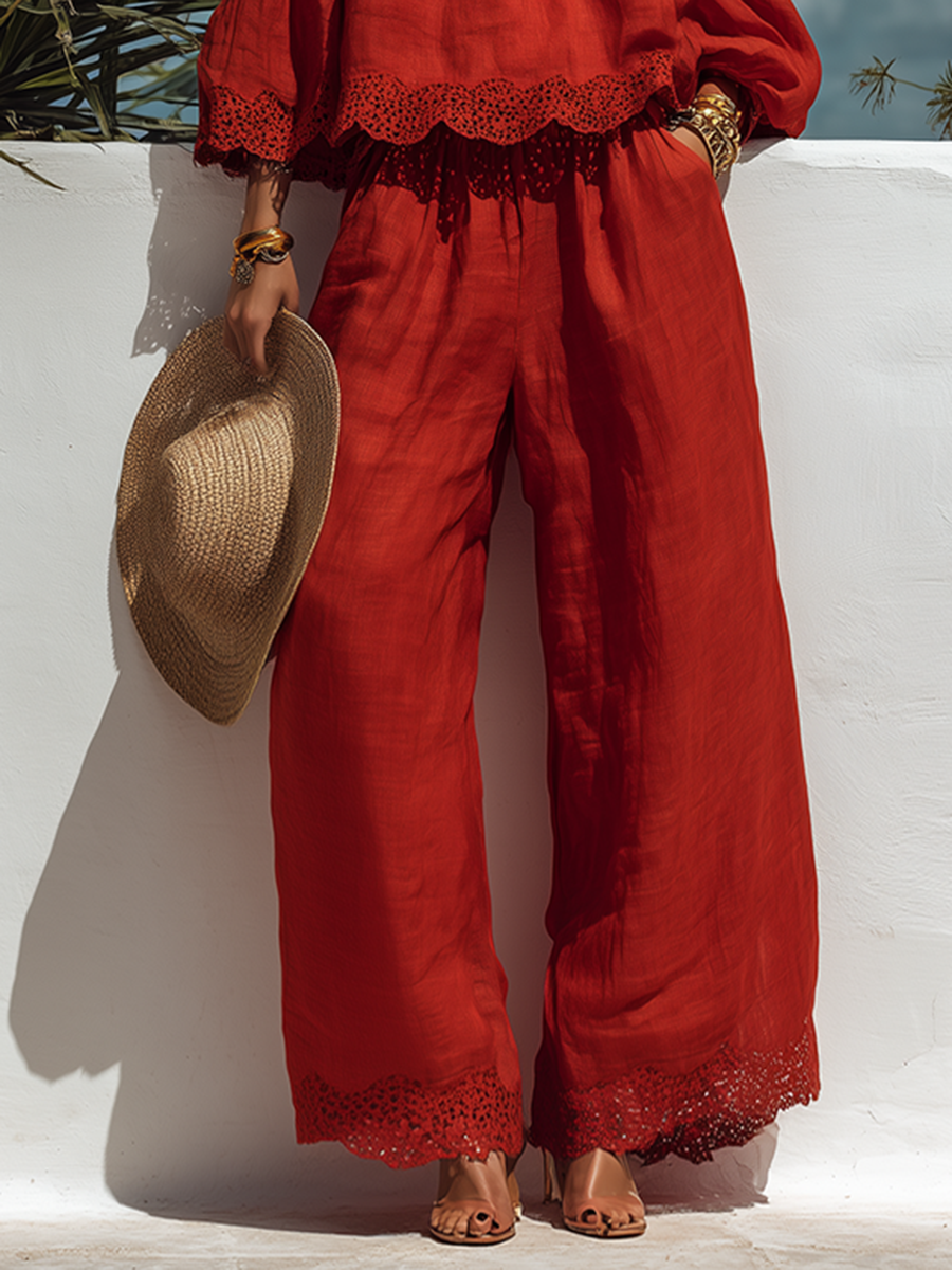 Elegant Bohemian Lace-trimmed Off-the-shoulder Top And Wide-leg Pants Red Set
