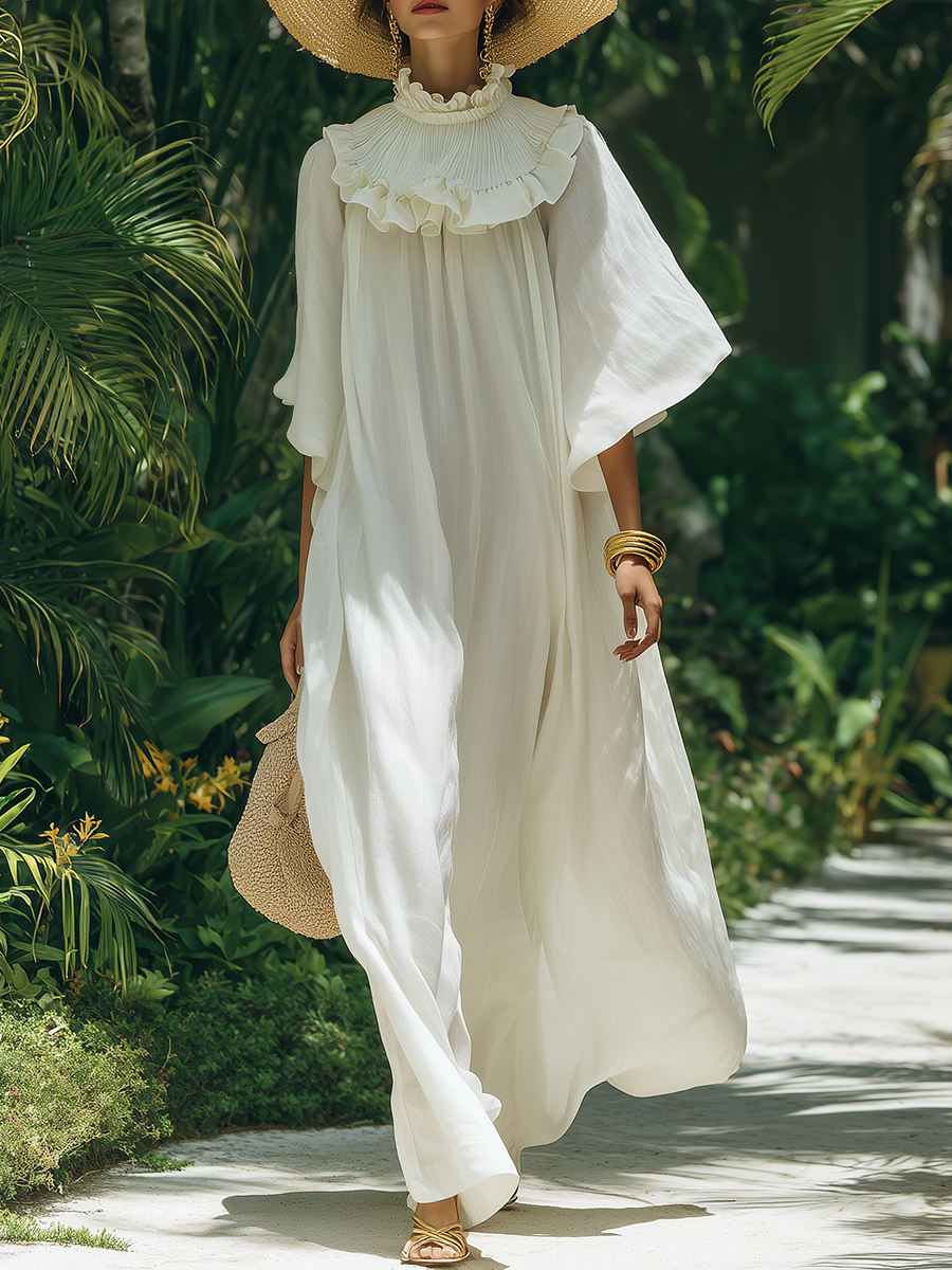 Romantic Bohemian Style Ruffled Neckline White Cotton Maxi Dress