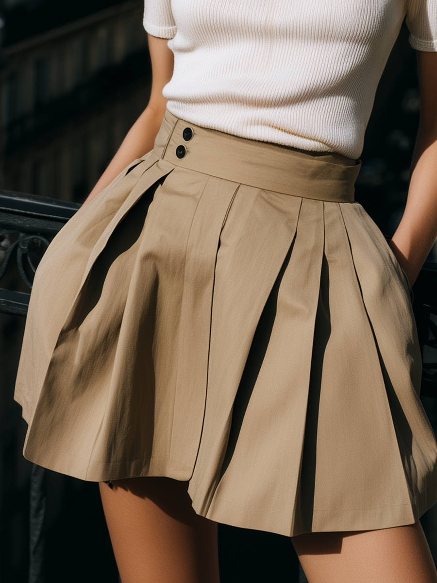 Stylish Retro White Short-sleeved Knit Top And Khaki Pleated Skirt Set