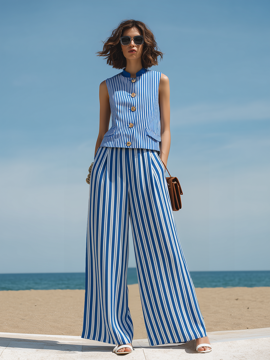 Resort-style Blue Striped Sleeveless Top And Trousers Set