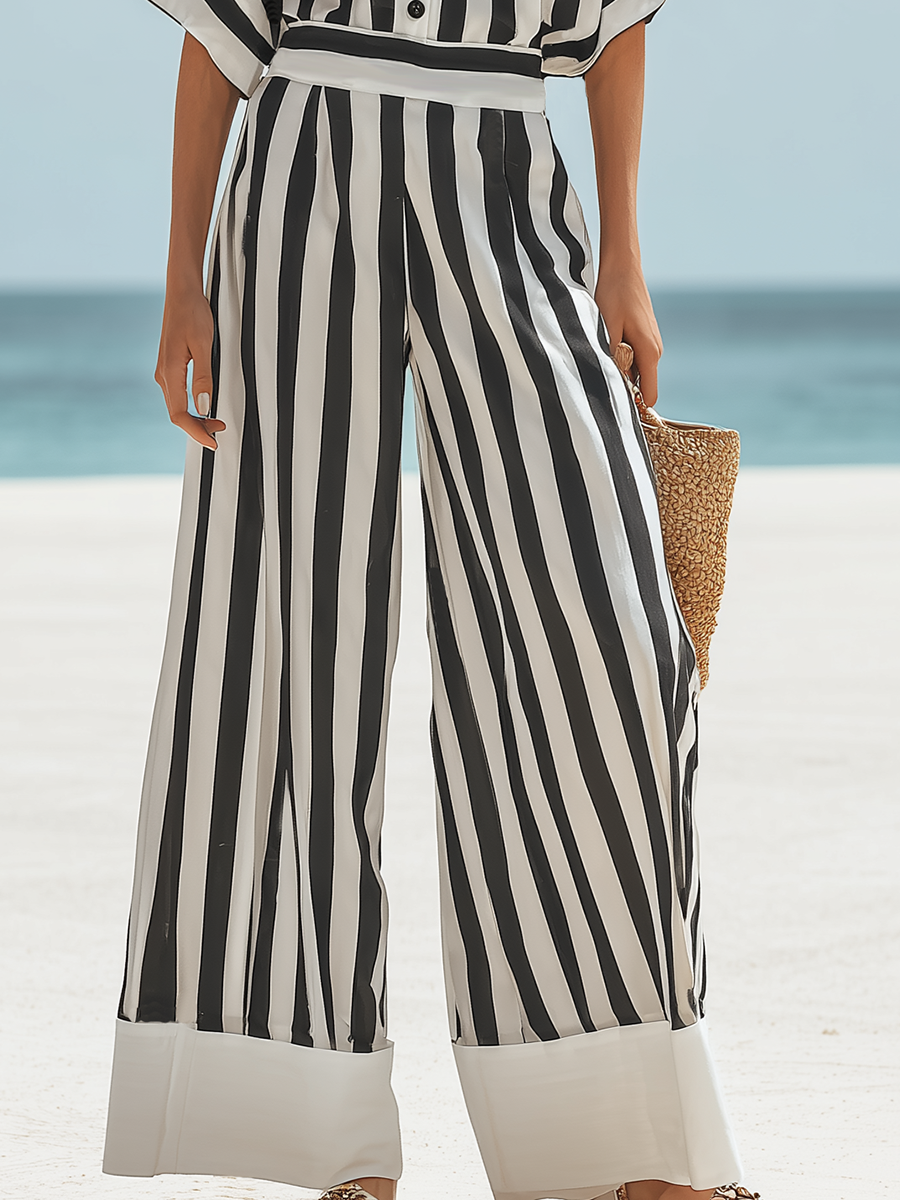 Resort-style Black And White Striped Short-sleeved Trouser Set