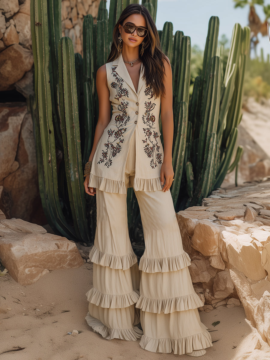 Bohemian Embroidered Off-white Cotton And Linen Vest With Ruffled Wide-leg Pants Set