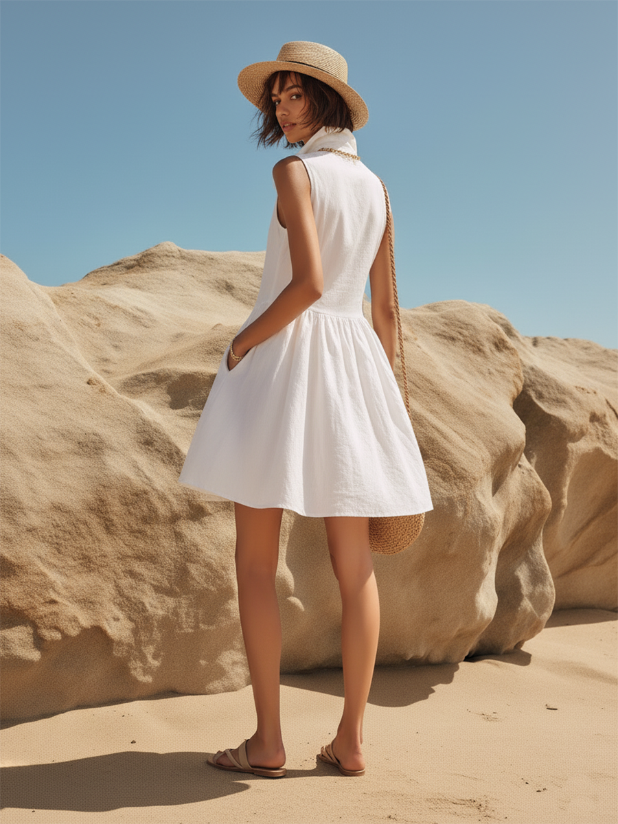 Resort-style White V-neck Sleeveless Mini Dress