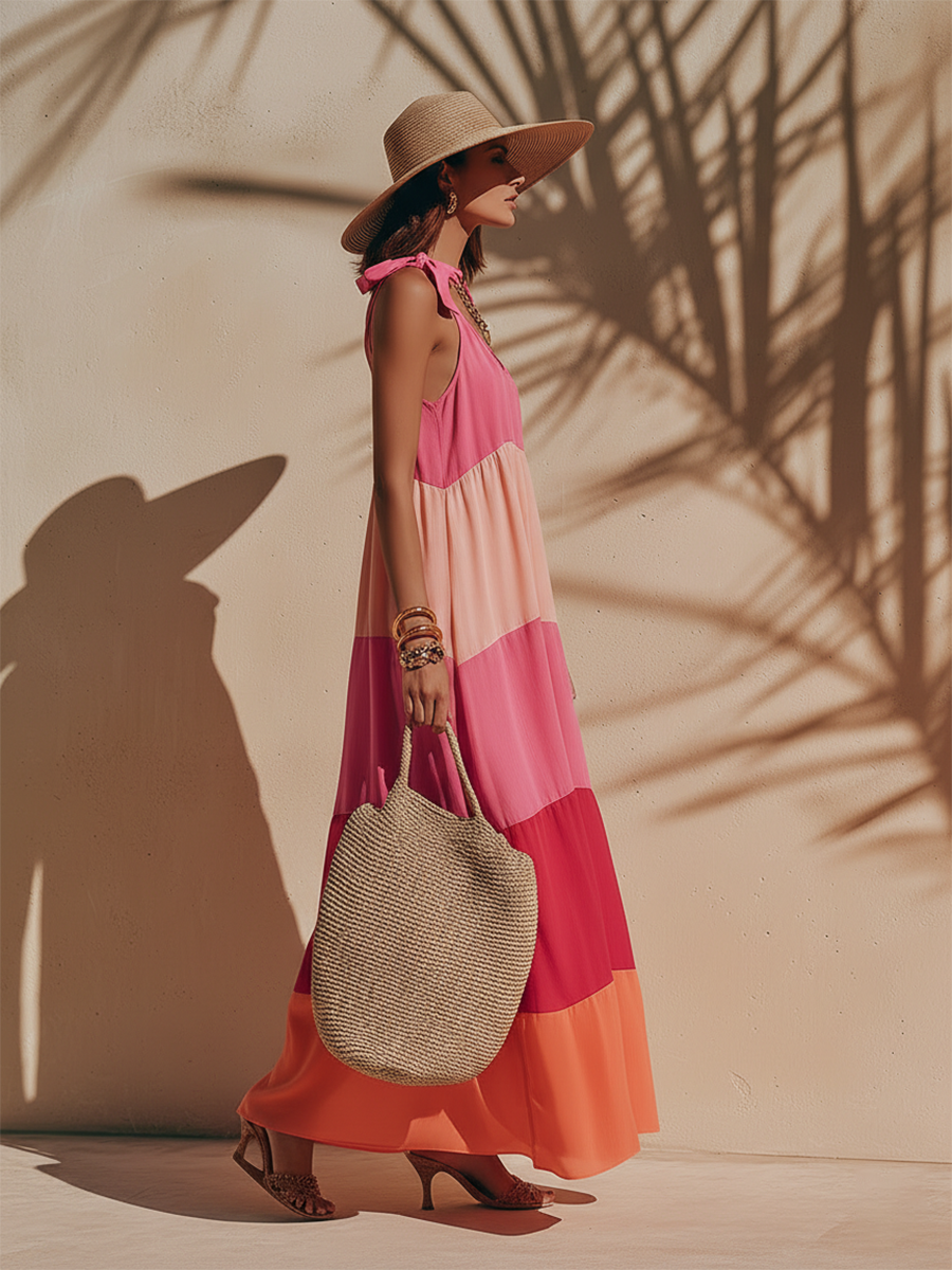 Colorful Vacation-style Patchwork Shoulder Bow Tie Straps Maxi Dress
