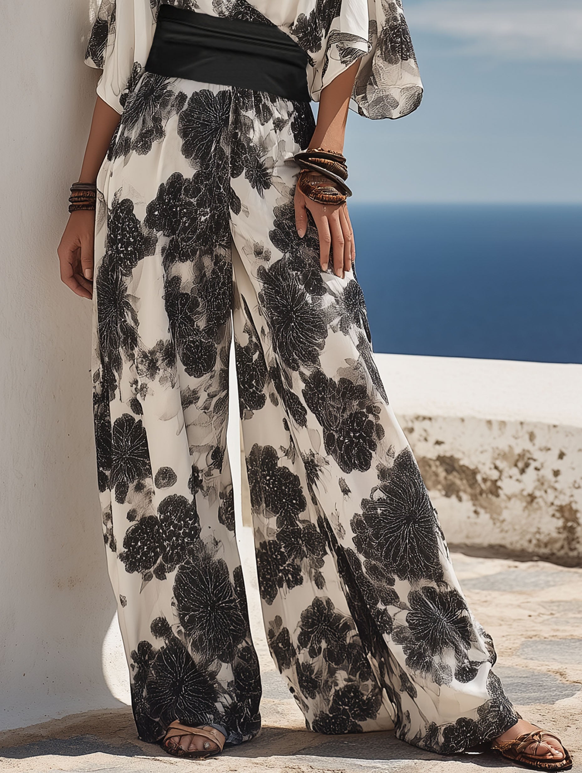 Fashionable Resort Satin Black Print White Jumpsuit