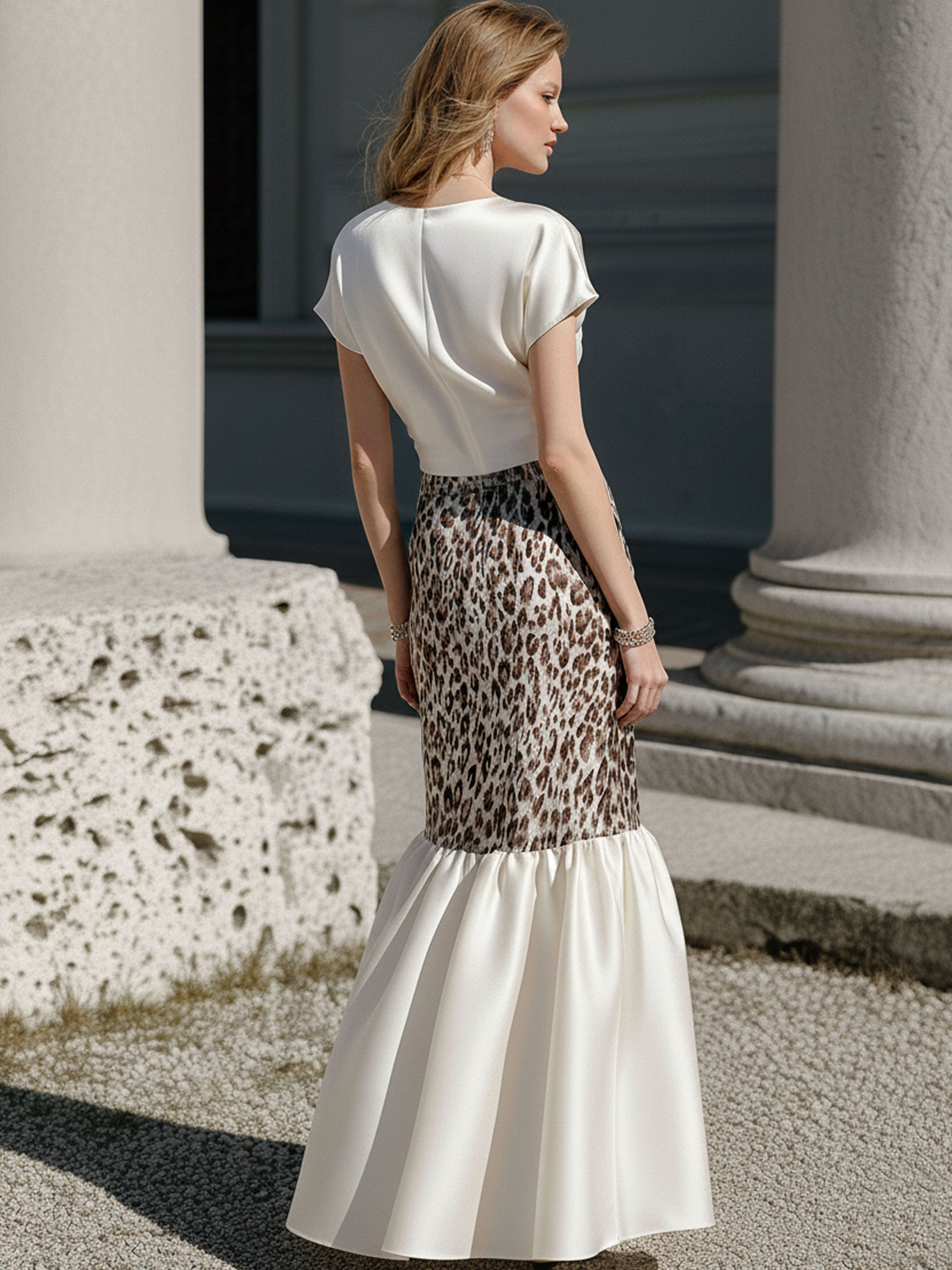 French-Style White Satin Pleated Top And Leopard Print Patchwork Skirt Set