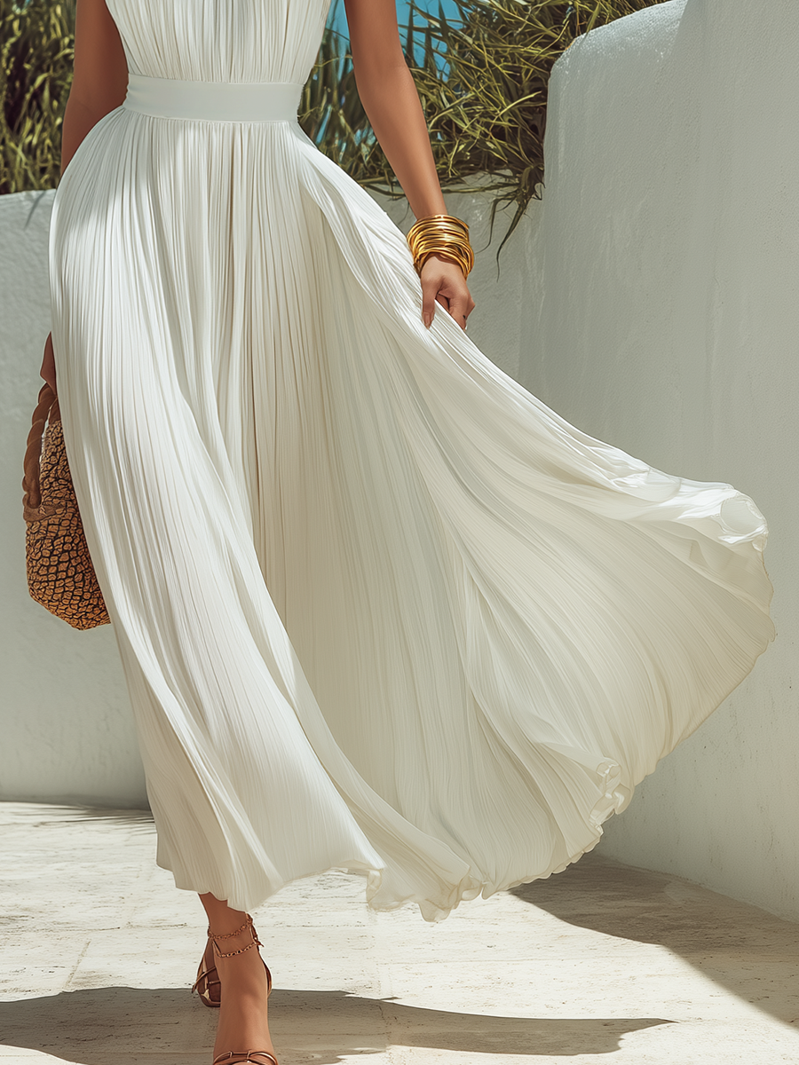 Chic And Elegant Sleeveless Pleated White Satin Maxi Dress