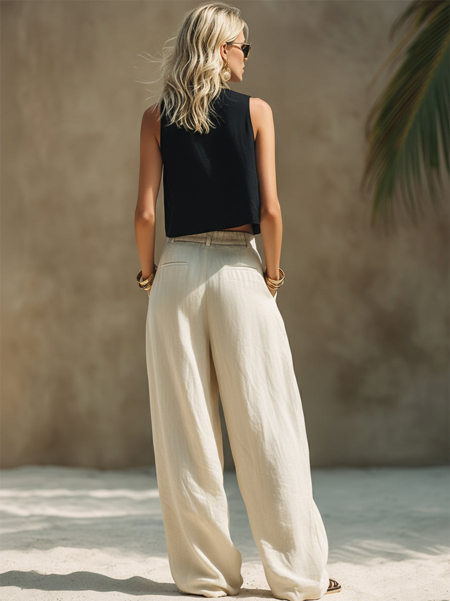Casual Minimalist Black Cotton Linen Turtleneck Sleeveless Top And Off-white Loose-fitting Trousers Set