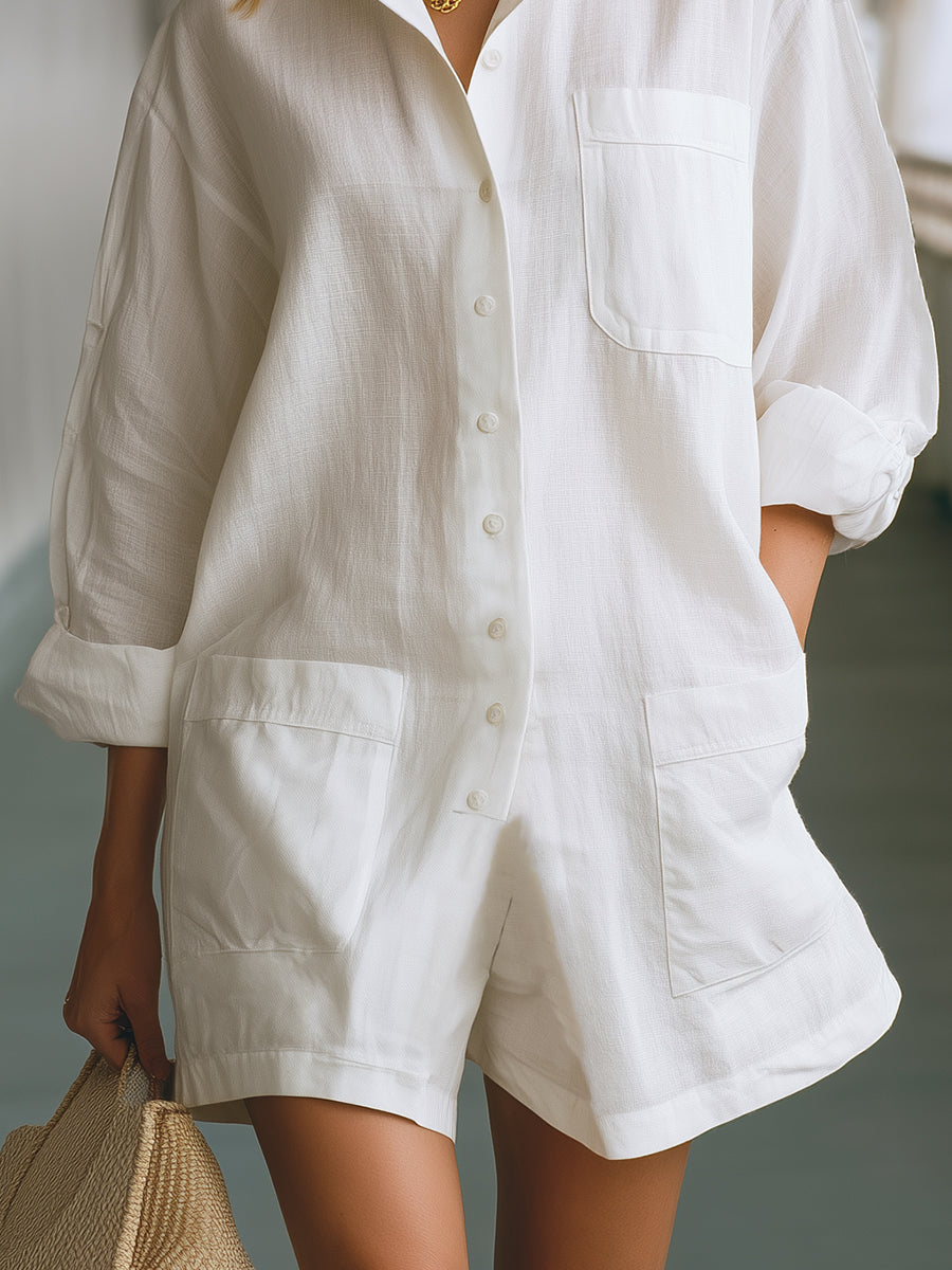 Minimalist Coastal Style White Cotton Linen Collared Button Jumpsuit