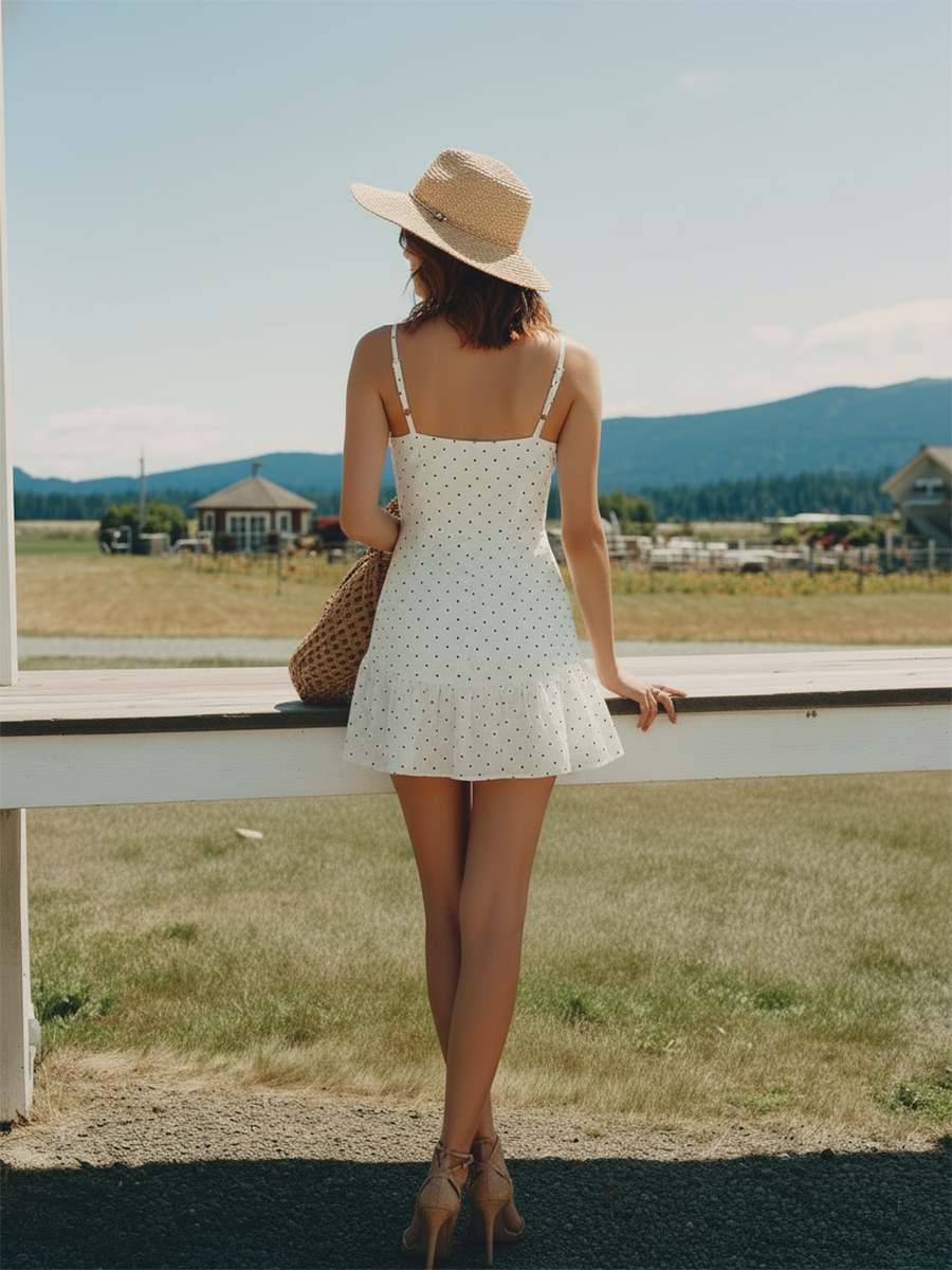 Vacation-Style White Sleeveless Polka-Dot Mini Dress