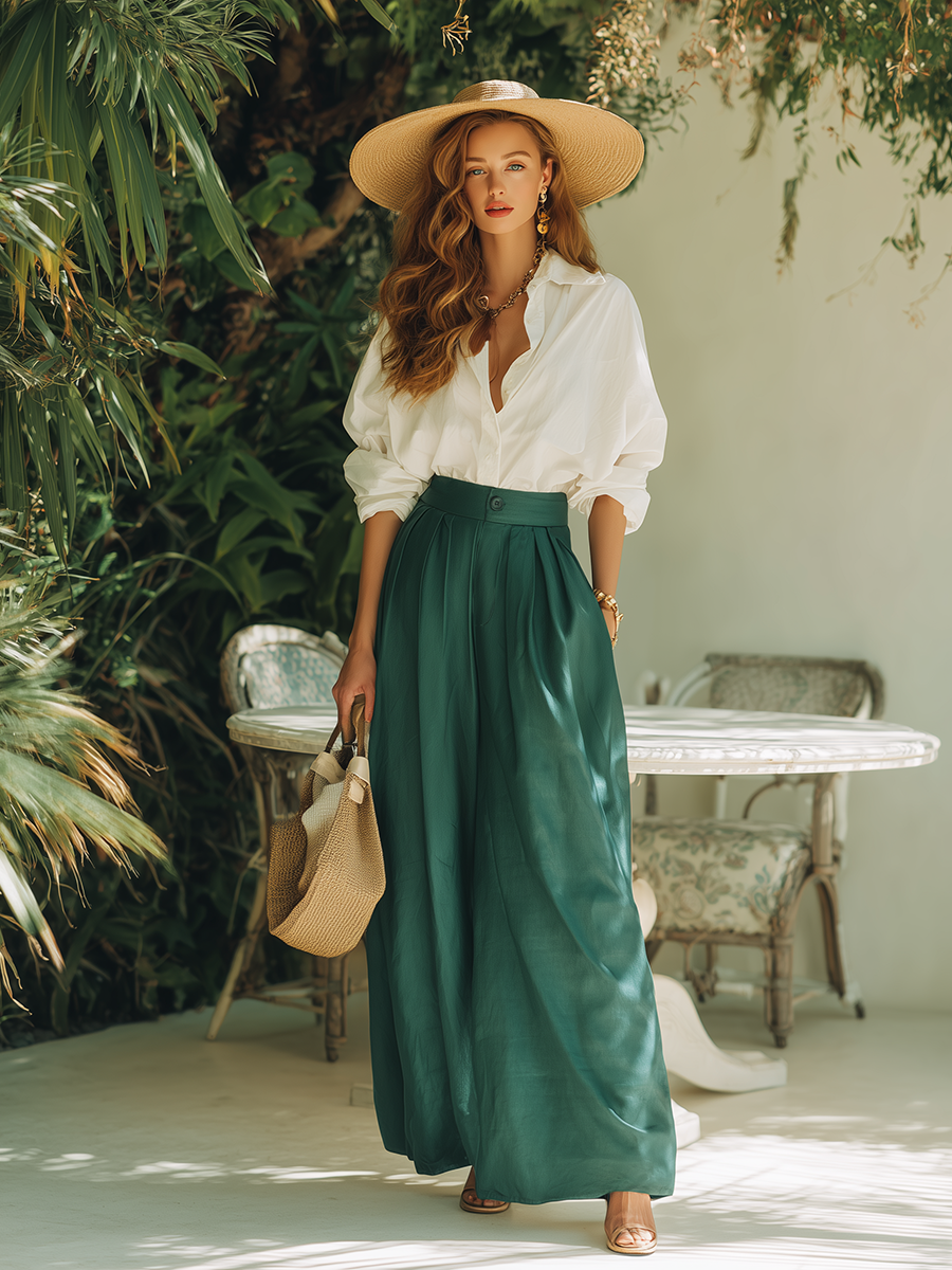 Vacation-Style Loose-Fit And Chic White Shirt And Green Wide-Leg Pants Set