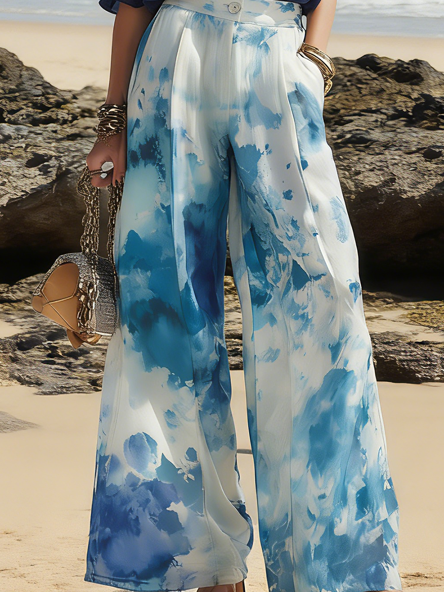 Vacation-Style Off-Shoulder Short-Sleeve Top And Printed Wide-Leg Pants Set