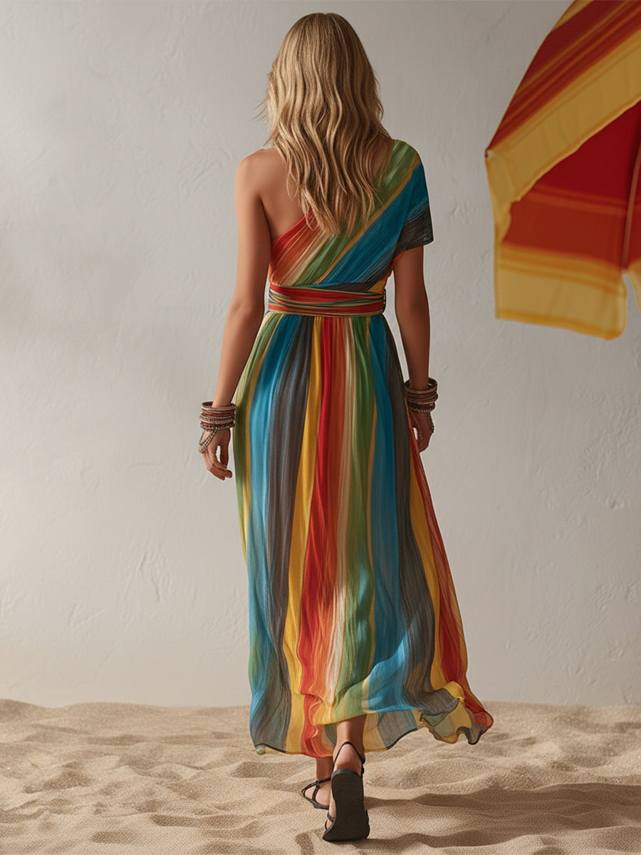 Bohemian Resort Rainbow Striped Chiffon One-Shoulder Maxi Dress