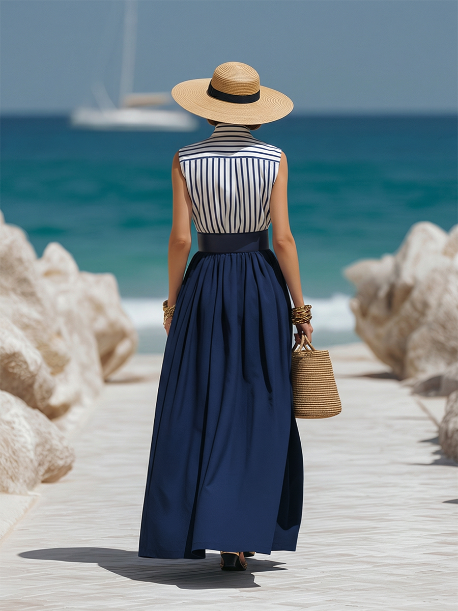 Beach Vacation Striped Sleeveless Shirt And Navy Blue Skirt Set