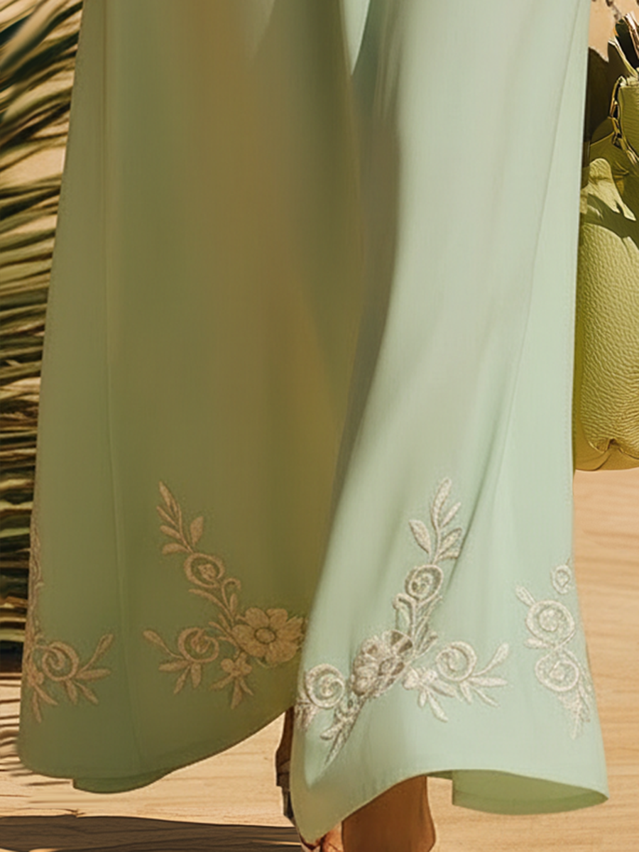 Vacation-style Cotton V-neck Sleeveless Embroidered Maxi Dress