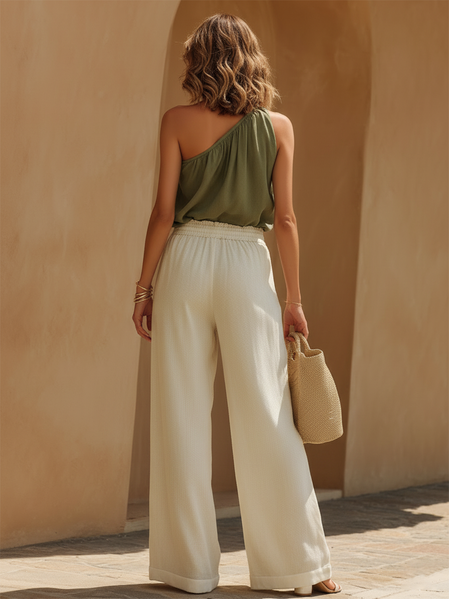 Stylish Vacation-Style One-Shoulder Top And Loose Wide-Leg Pants Set