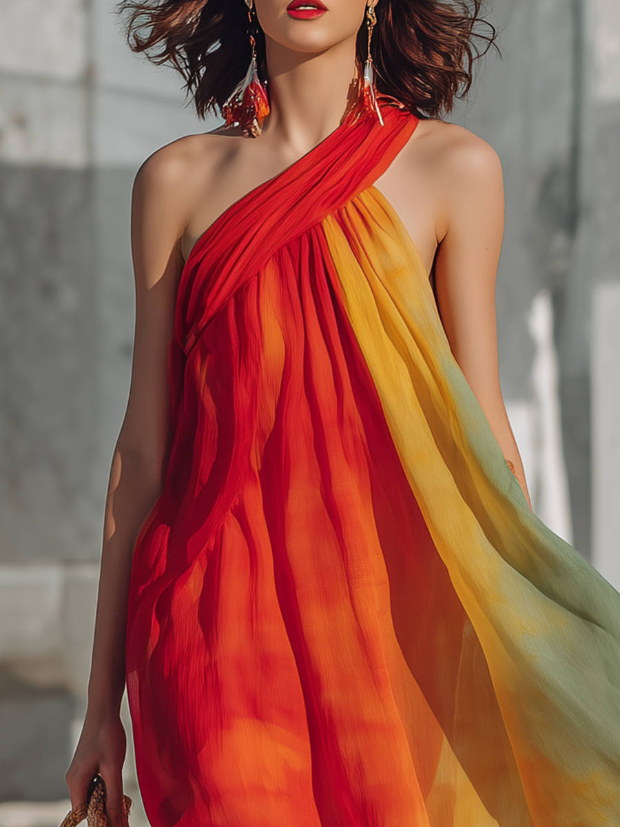 Romantic Bohemian One-Shoulder Ombré-Print Chiffon Maxi Dress