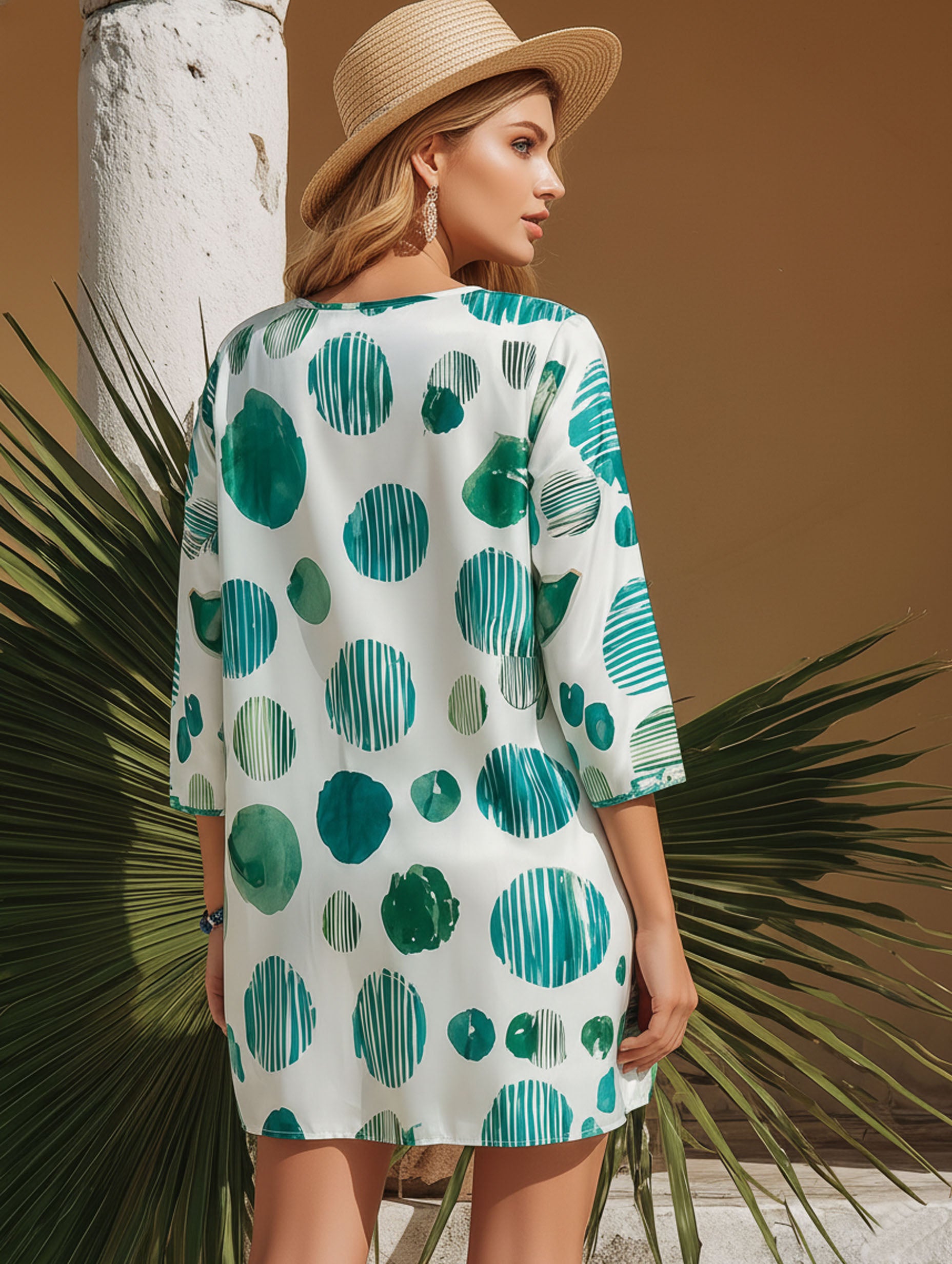 Resort-Style Satin Fabric Green Polka Dot White Mid-Sleeve Mini Dress