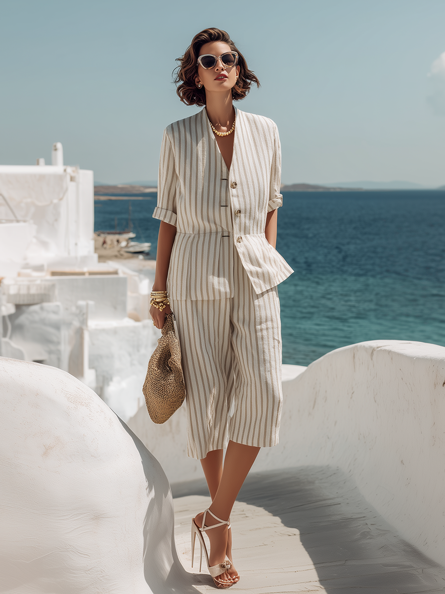 Resort Beige Striped V-Neck Cotton Linen Short-Sleeve Suit And Wide-Leg Capri Trousers Set