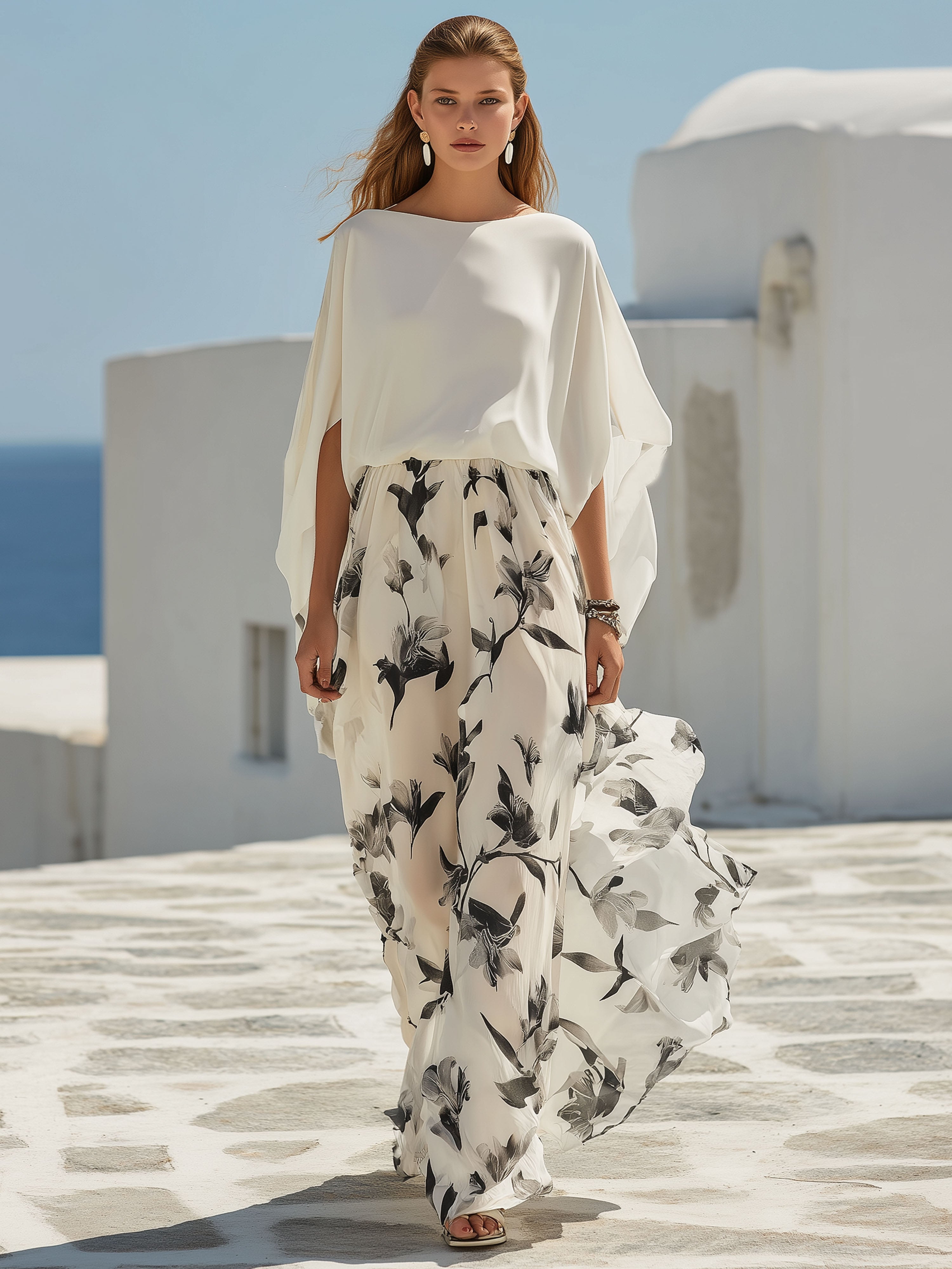 Resort White Chiffon Printed Batwing Sleeve Maxi Dress Set