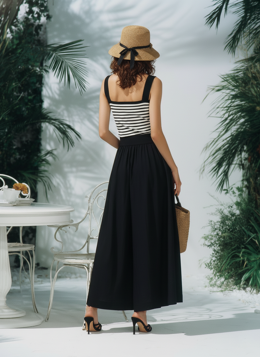 Vacation-Style Striped Strappy Top And Black Skirt Set