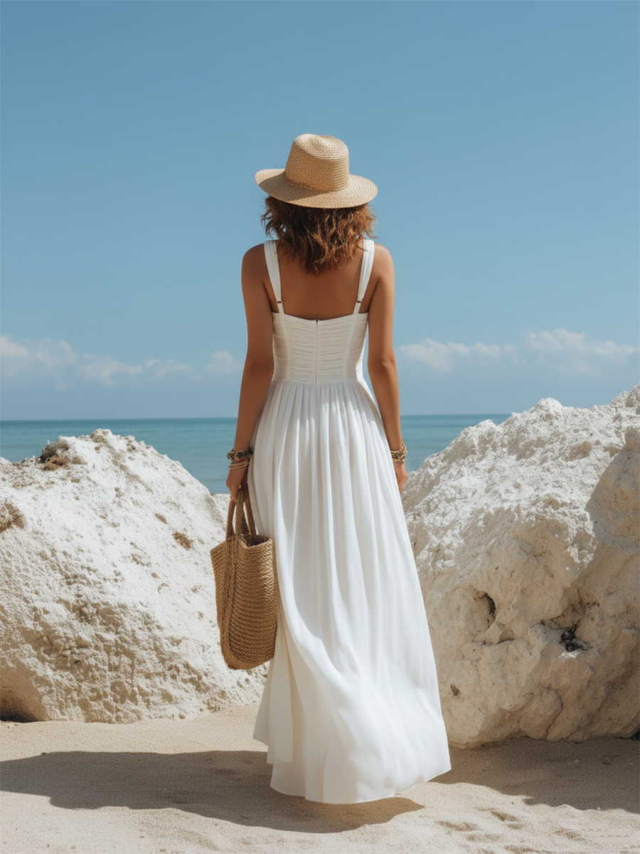 Resort-style White Off-shoulder Flowy Maxi Dress