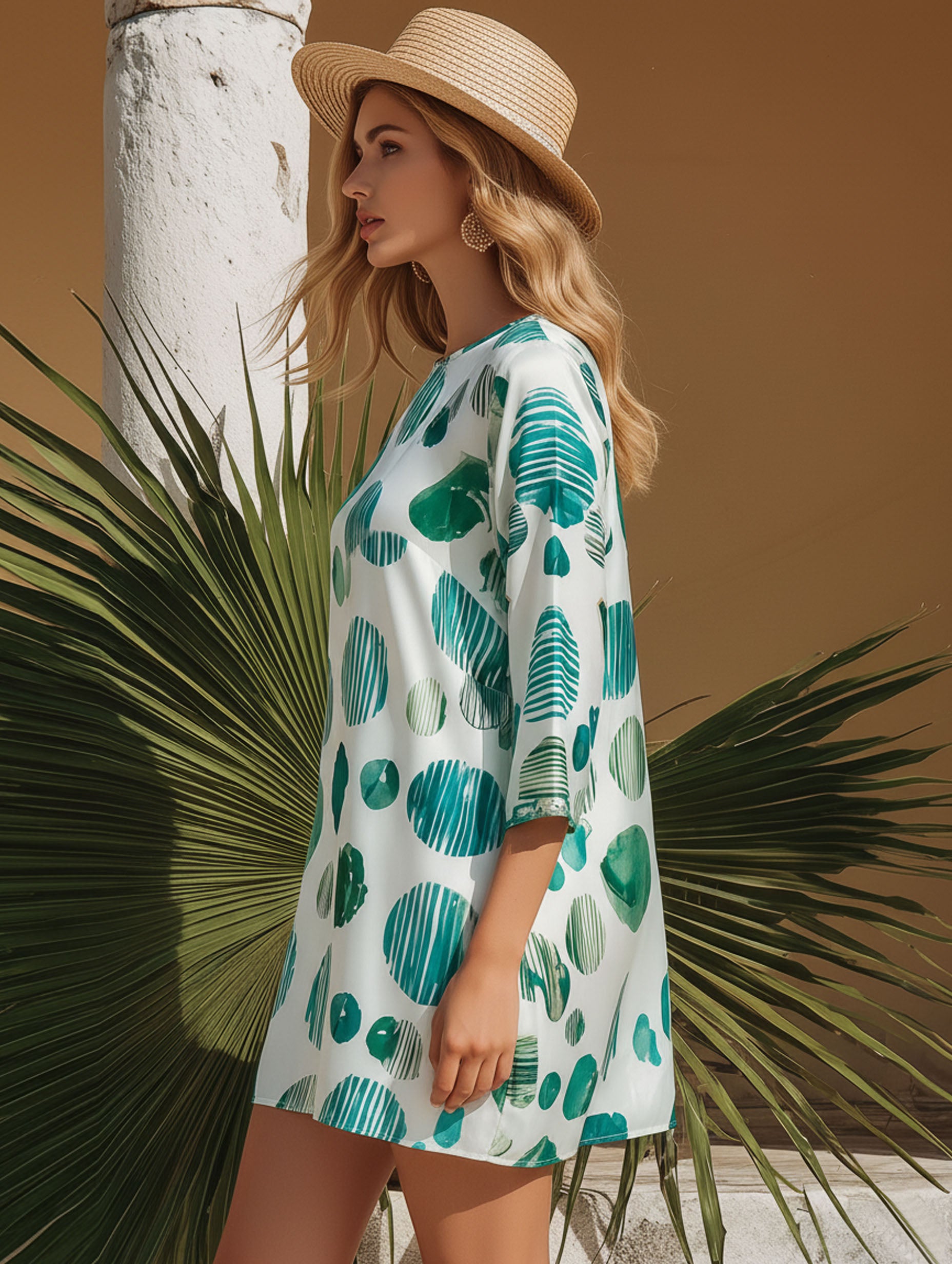 Resort-Style Satin Fabric Green Polka Dot White Mid-Sleeve Mini Dress