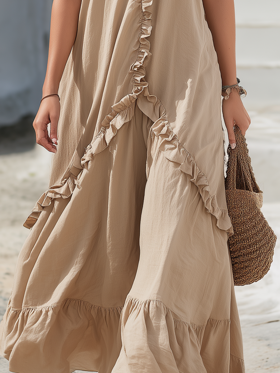 Vacation-style Cotton And Linen Off-the-shoulder Maxi Dress