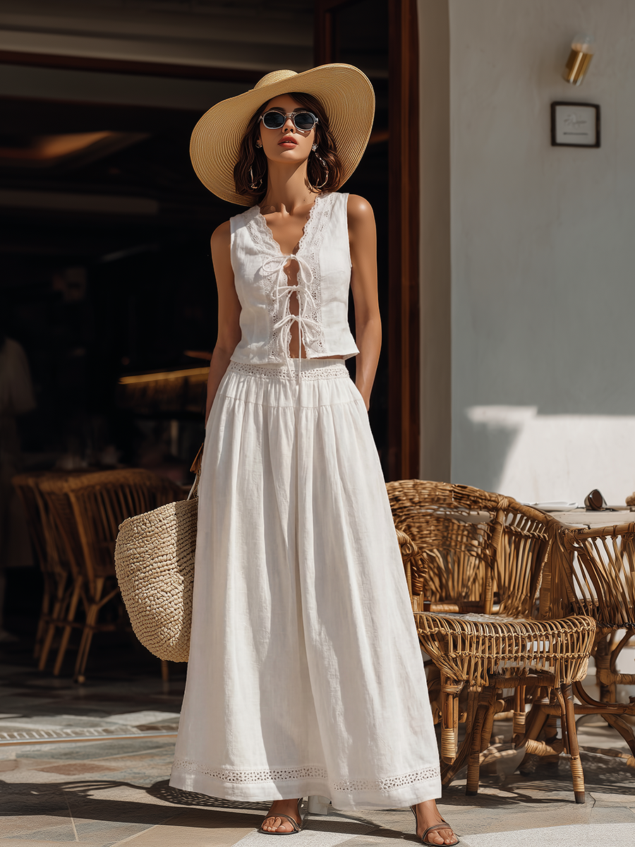 Bohemian Lace-Trimmed Sleeveless Tie-Front Top And Wide-Leg Pants White Cotton Set