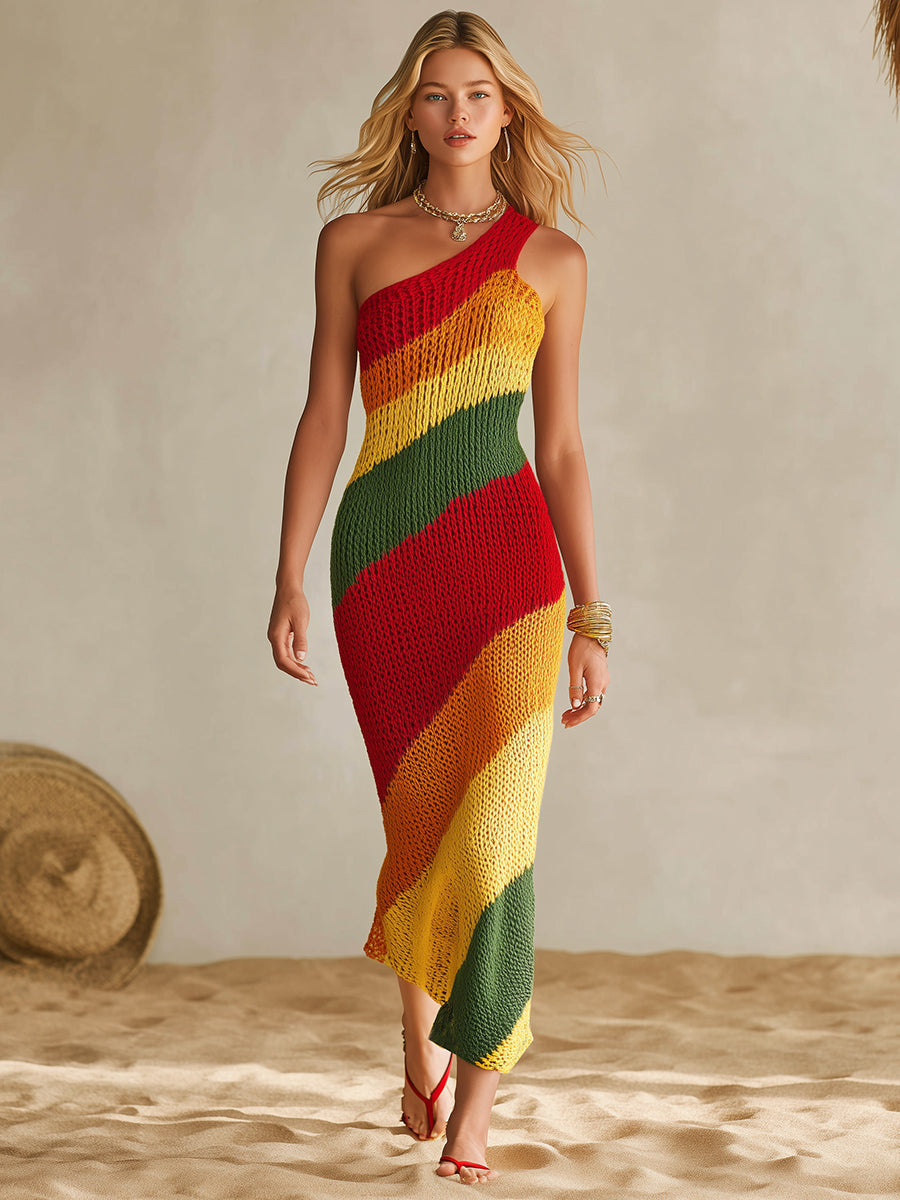 Bohemian Resort Rainbow Striped Knit Off-Shoulder Sleeveless Midi Dress