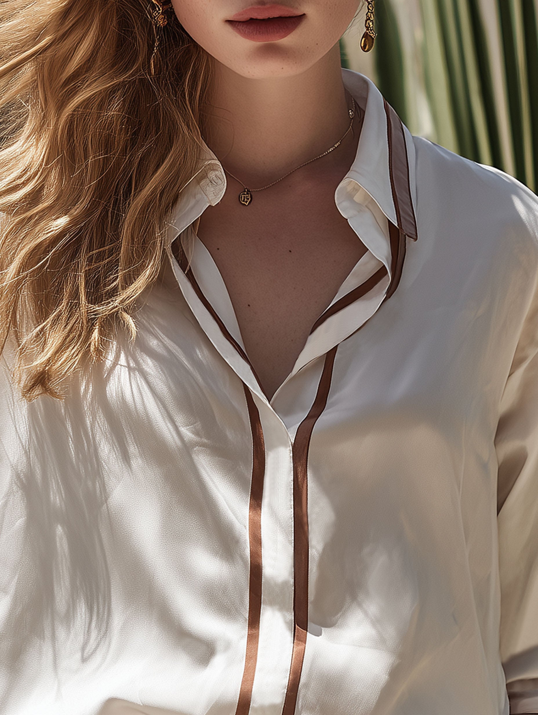 Resort-Style Tencel Fabric Brown Trim White Mid-Sleeve Shirt